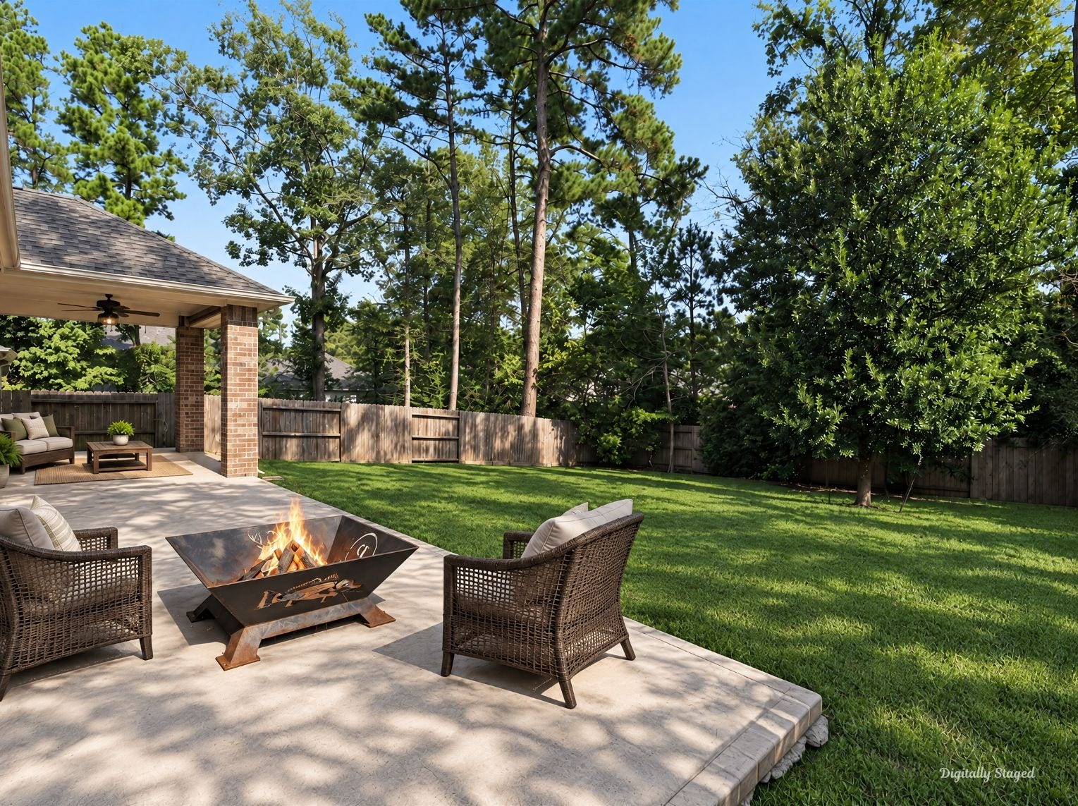 230 Elianne Lace Court, Conroe, TX 77318 Expansive concrete patio extending from a covered area into a lush, fenced backyard. Mature trees frame the yard and add shade and privacy.
This photo has been digitally staged to illustrate the possibilities of the homes aesthetic and potential design. Some furnishings and dcor shown are for visual inspiration.