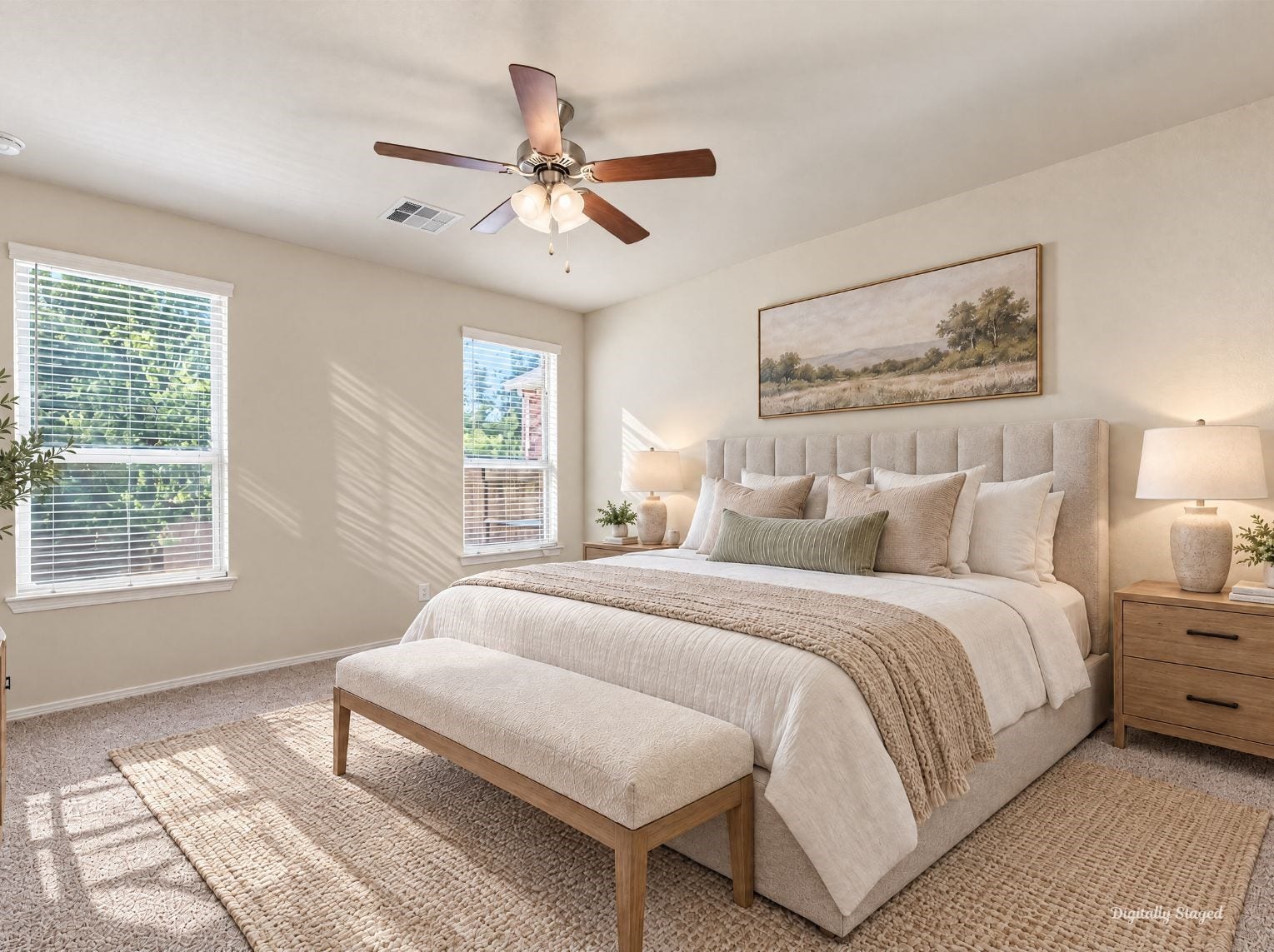 230 Elianne Lace Court, Conroe, TX 77318 Generous primary bedroom with a ceiling fan, soft carpet, and two windows that bring in natural light. Soft neutral walls create a restful setting with room for a full furniture layout.
This photo has been digitally staged to illustrate the possibilities of the homes aesthetic and potential design. Some furnishings and dcor shown are for visual inspiration.