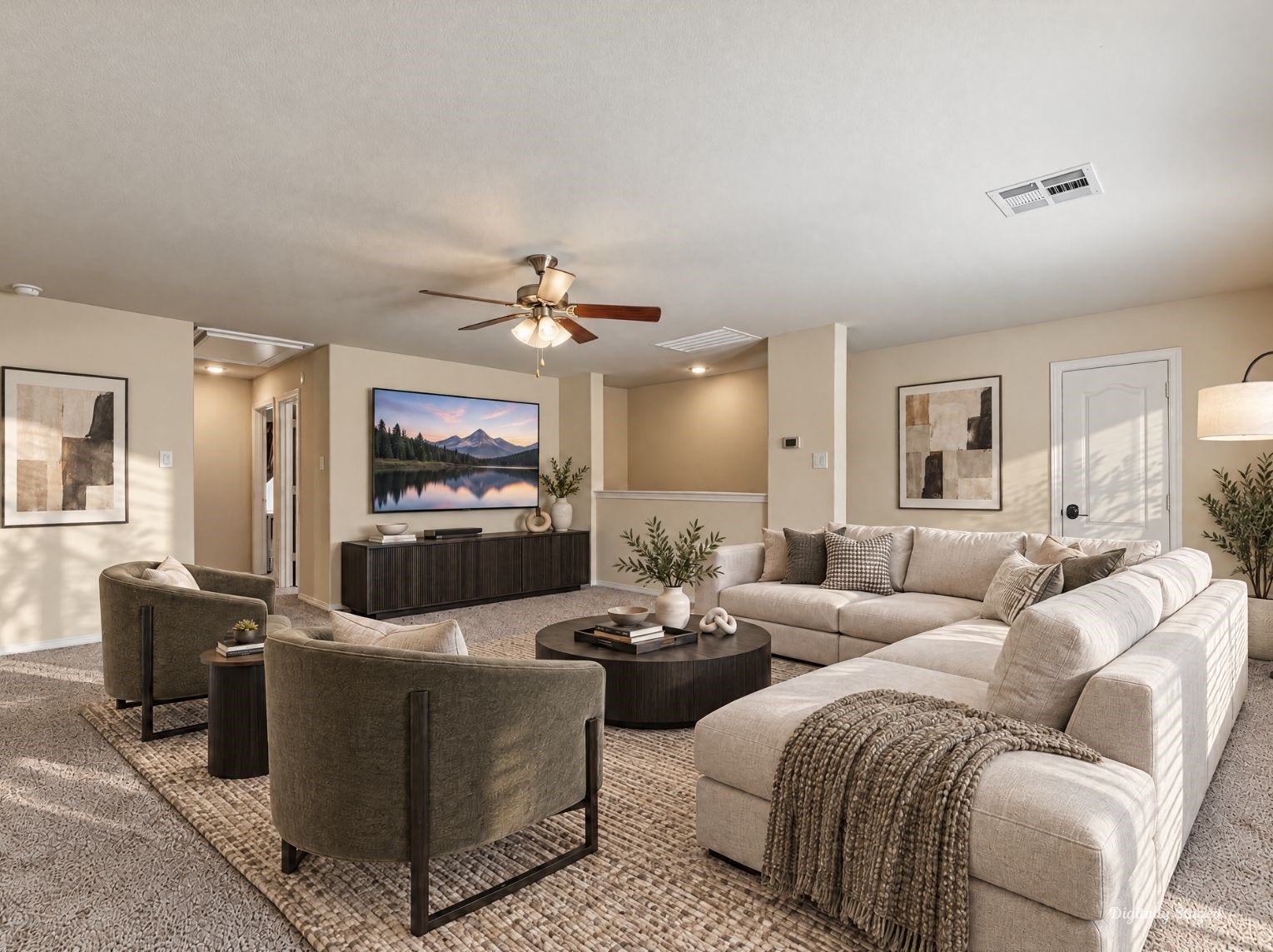 230 Elianne Lace Court, Conroe, TX 77318 Large upstairs bonus space with warm tan walls, recessed lighting, and a ceiling fan. A half wall with a decorative ledge adds definition, ideal as a media lounge or recreation area.
This photo has been digitally staged to illustrate the possibilities of the homes aesthetic and potential design. Some furnishings and dcor shown are for visual inspiration.