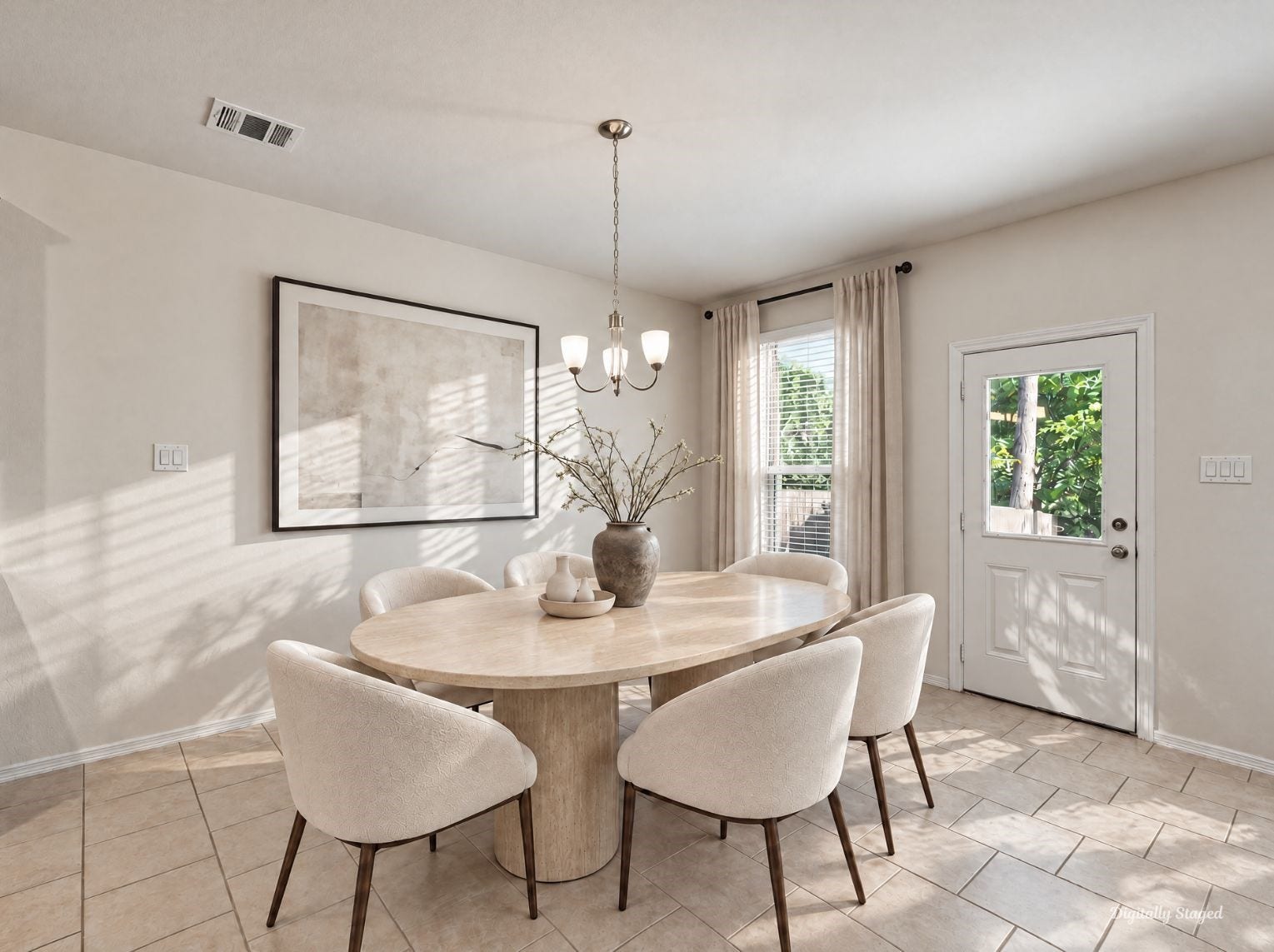 230 Elianne Lace Court, Conroe, TX 77318 Dining area with a brushed-nickel chandelier, tile flooring, and a window that brings in natural light. A glass-paned door provides direct access to the backyard.
This photo has been digitally staged to illustrate the possibilities of the homes aesthetic and potential design. Some furnishings and dcor shown are for visual inspiration.
