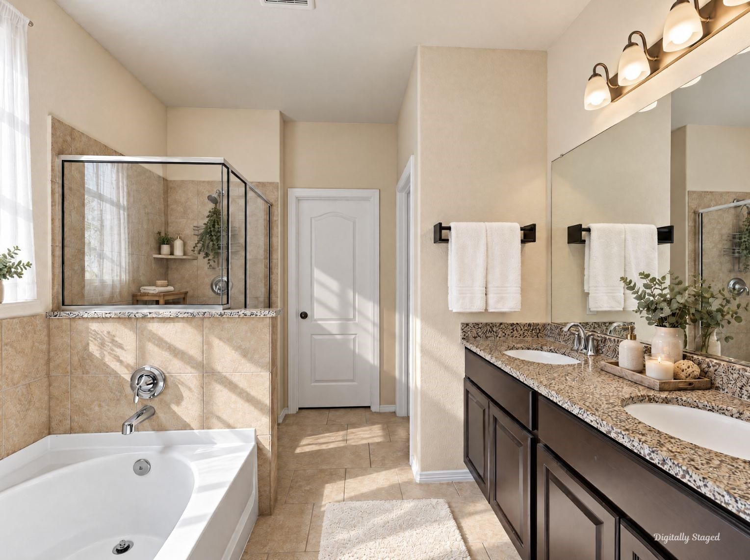230 Elianne Lace Court, Conroe, TX 77318 Spacious primary bath with a dual-sink granite vanity, dark cabinetry, and a multi-light fixture. The soaking tub and glass-enclosed shower sit together on warm tile flooring.
This photo has been digitally staged to illustrate the possibilities of the homes aesthetic and potential design. Some furnishings and dcor shown are for visual inspiration.