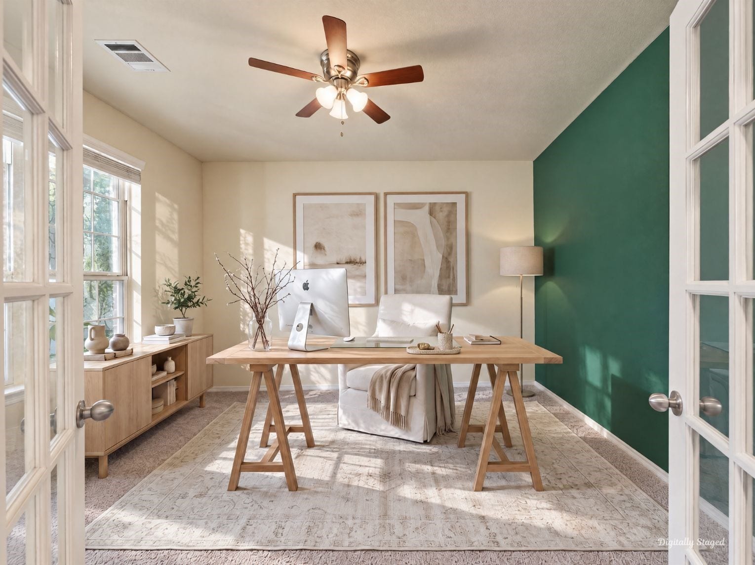 230 Elianne Lace Court, Conroe, TX 77318 Bright front office framed by classic French doors and finished with a bold deep-green accent wall. A ceiling fan and soft carpet make it ideal as a home office or study.
This photo has been digitally staged to illustrate the possibilities of the homes aesthetic and potential design. Some furnishings and dcor shown are for visual inspiration.