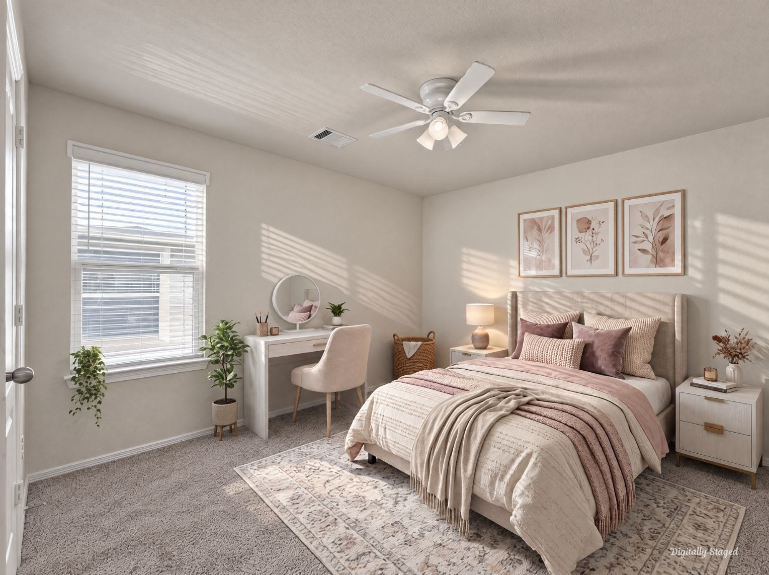 230 Elianne Lace Court, Conroe, TX 77318 Comfortable carpeted bedroom with a ceiling fan and a large window that brings in plenty of natural light. Soft neutral walls make a calm, flexible backdrop.
This photo has been digitally staged to illustrate the possibilities of the homes aesthetic and potential design. Some furnishings and dcor shown are for visual inspiration.