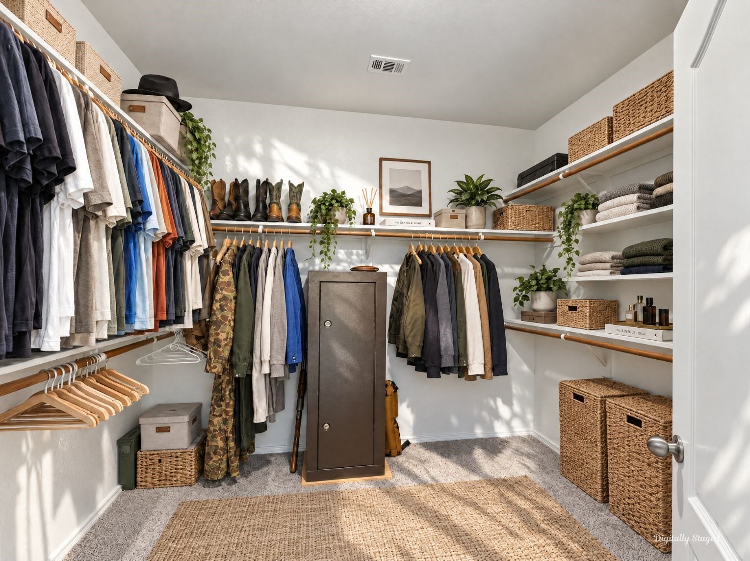 230 Elianne Lace Court, Conroe, TX 77318 Roomy walk-in closet with white shelving and wood hanging rods along multiple walls. Plush carpet and plenty of hanging and shelf space make organizing simple.
This photo has been digitally staged to illustrate the possibilities of the homes aesthetic and potential design. Some furnishings and dcor shown are for visual inspiration.