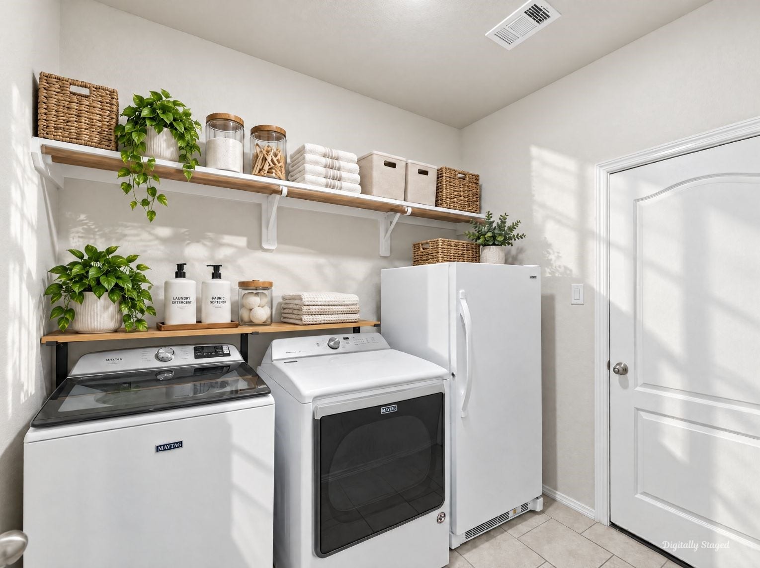 230 Elianne Lace Court, Conroe, TX 77318 Functional laundry room with tile flooring and a wall-mounted shelf for convenient storage. A full-size door and bright walls keep the space clean and practical.
This photo has been digitally staged to illustrate the possibilities of the homes aesthetic and potential design. Some furnishings and dcor shown are for visual inspiration.