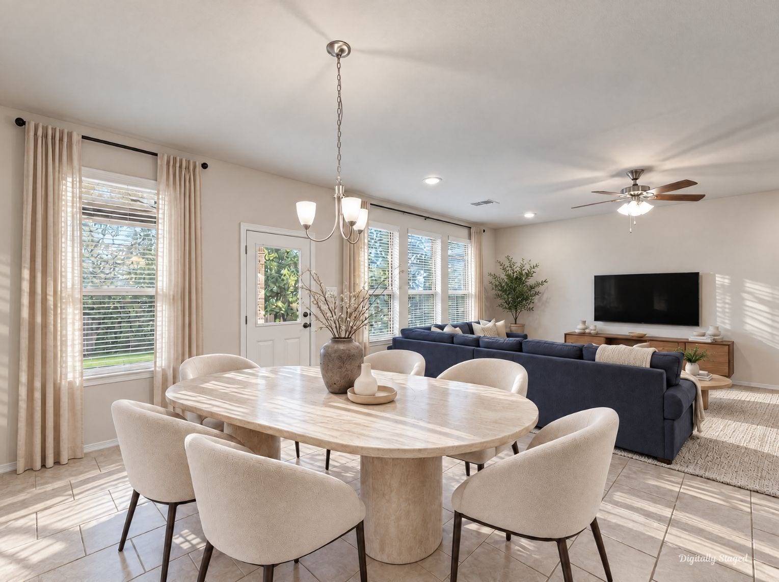 230 Elianne Lace Court, Conroe, TX 77318 Dining space that opens to the living room for an easy, connected flow. A chandelier, ceiling fan, and large windows keep the area bright and welcoming.
This photo has been digitally staged to illustrate the possibilities of the homes aesthetic and potential design. Some furnishings and dcor shown are for visual inspiration.