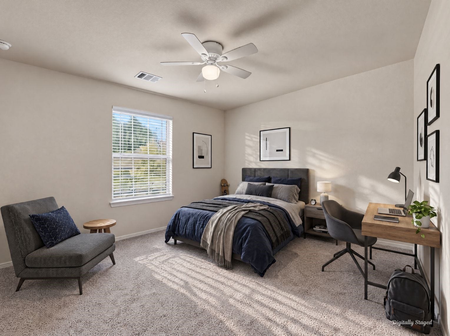 230 Elianne Lace Court, Conroe, TX 77318 Well-proportioned bedroom with plush carpet, a ceiling fan, and a sunny window. The generous layout leaves room for a variety of furniture arrangements.
This photo has been digitally staged to illustrate the possibilities of the homes aesthetic and potential design. Some furnishings and dcor shown are for visual inspiration.