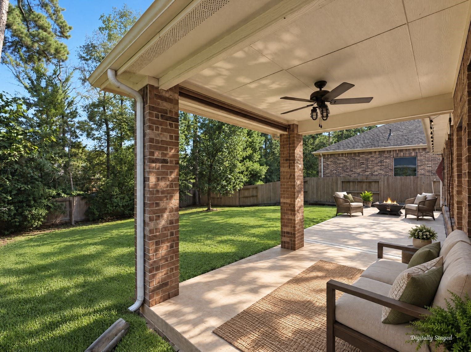 230 Elianne Lace Court, Conroe, TX 77318 Covered patio with sturdy brick columns and a ceiling fan for comfortable outdoor days. The extended concrete patio flows right out to the grassy yard.
This photo has been digitally staged to illustrate the possibilities of the homes aesthetic and potential design. Some furnishings and dcor shown are for visual inspiration.