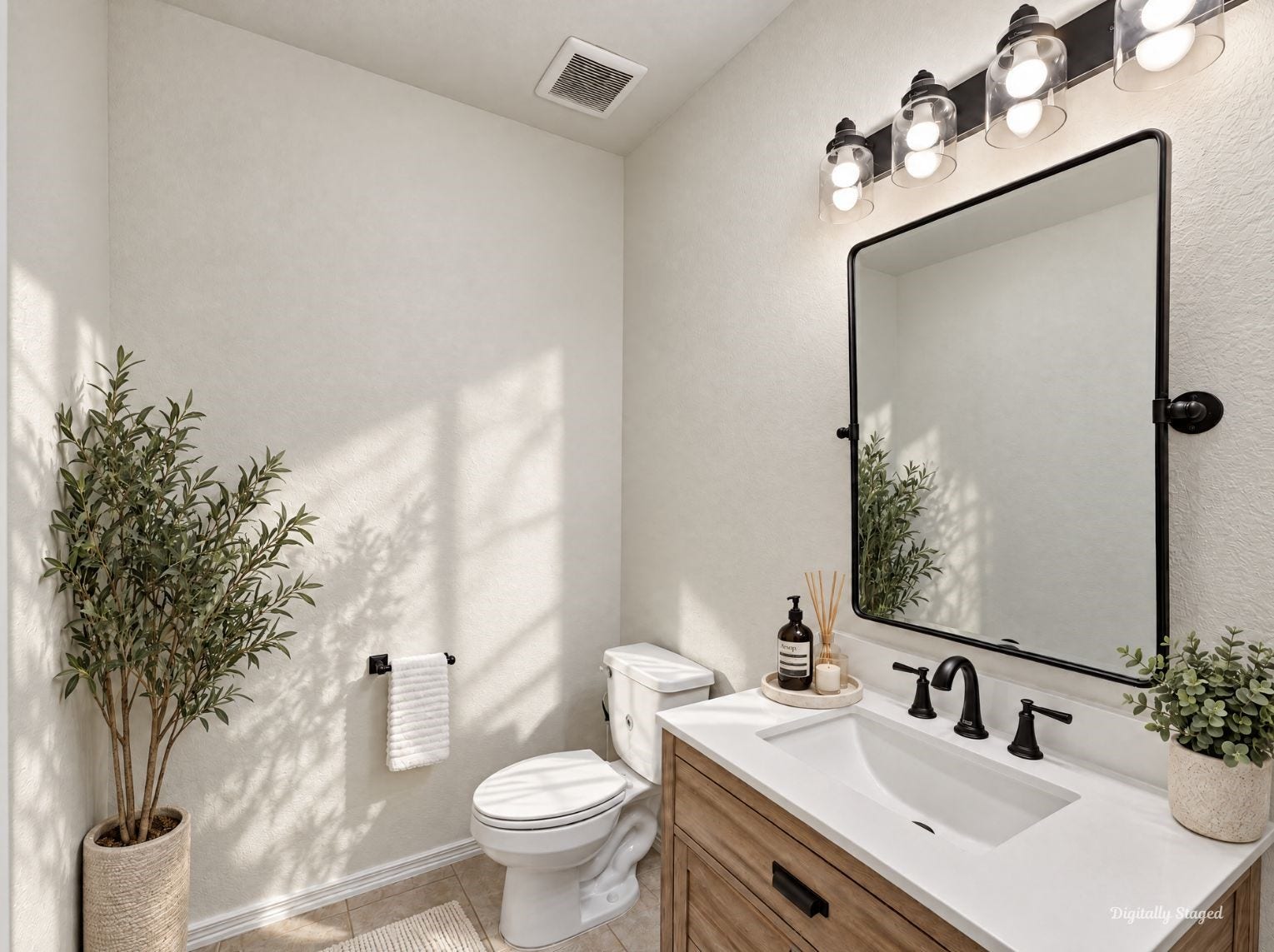230 Elianne Lace Court, Conroe, TX 77318 Stylish half bath with a wood-look vanity, white countertop, and matte black faucet. A framed black mirror and glass-shade vanity light add a modern touch.
This photo has been digitally staged to illustrate the possibilities of the homes aesthetic and potential design. Some furnishings and dcor shown are for visual inspiration.