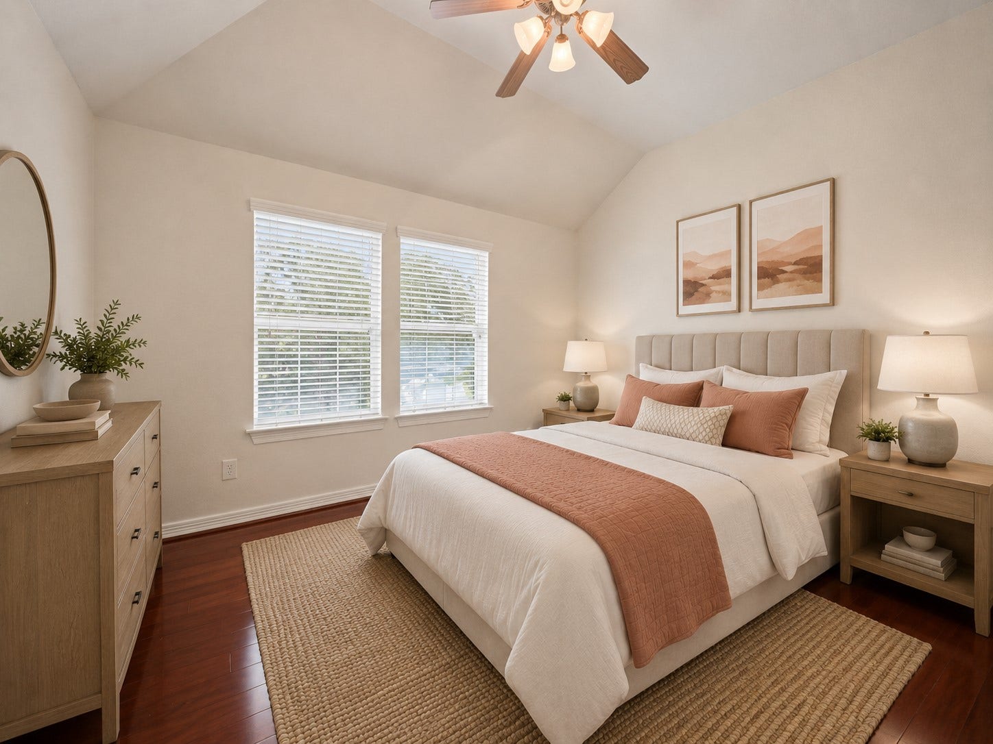 26306 Eden Point Court, Katy, TX 77494 Secondary bedroom with hardwood flooring, a vaulted ceiling, ceiling fan, and two windows providing natural light.
