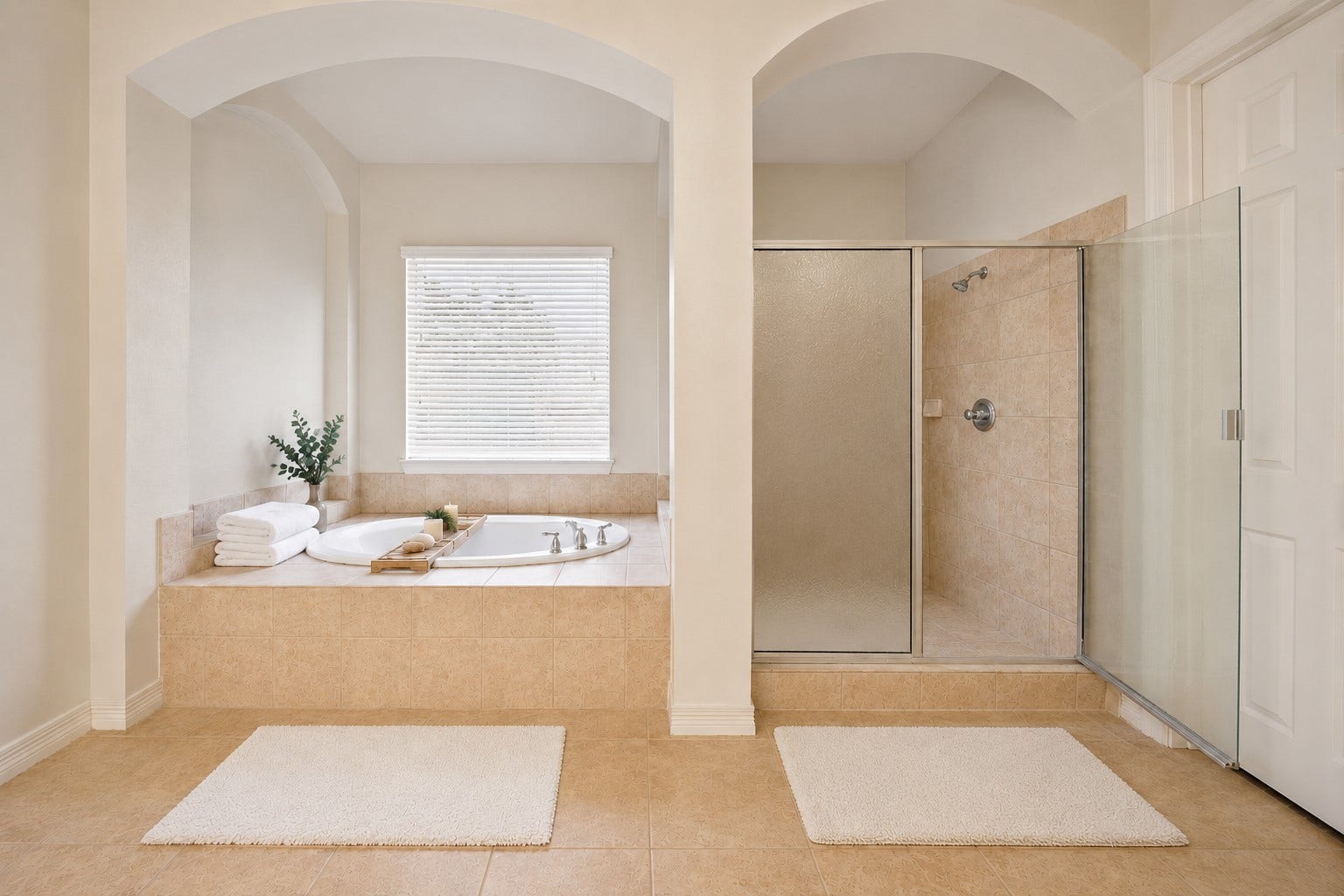 26306 Eden Point Court, Katy, TX 77494 Primary bath featuring a tiled soaking tub beneath an arched alcove, a separate walk-in shower, and a window providing natural light.