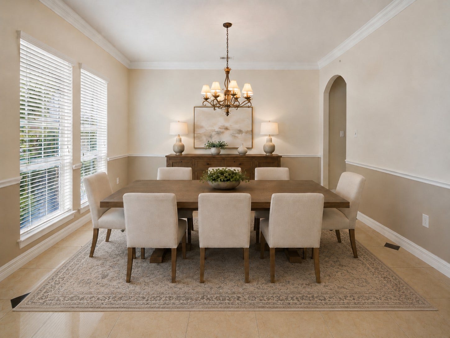 26306 Eden Point Court, Katy, TX 77494 Formal dining room with crown molding, chair rail detailing, a decorative chandelier, and large windows providing natural light.