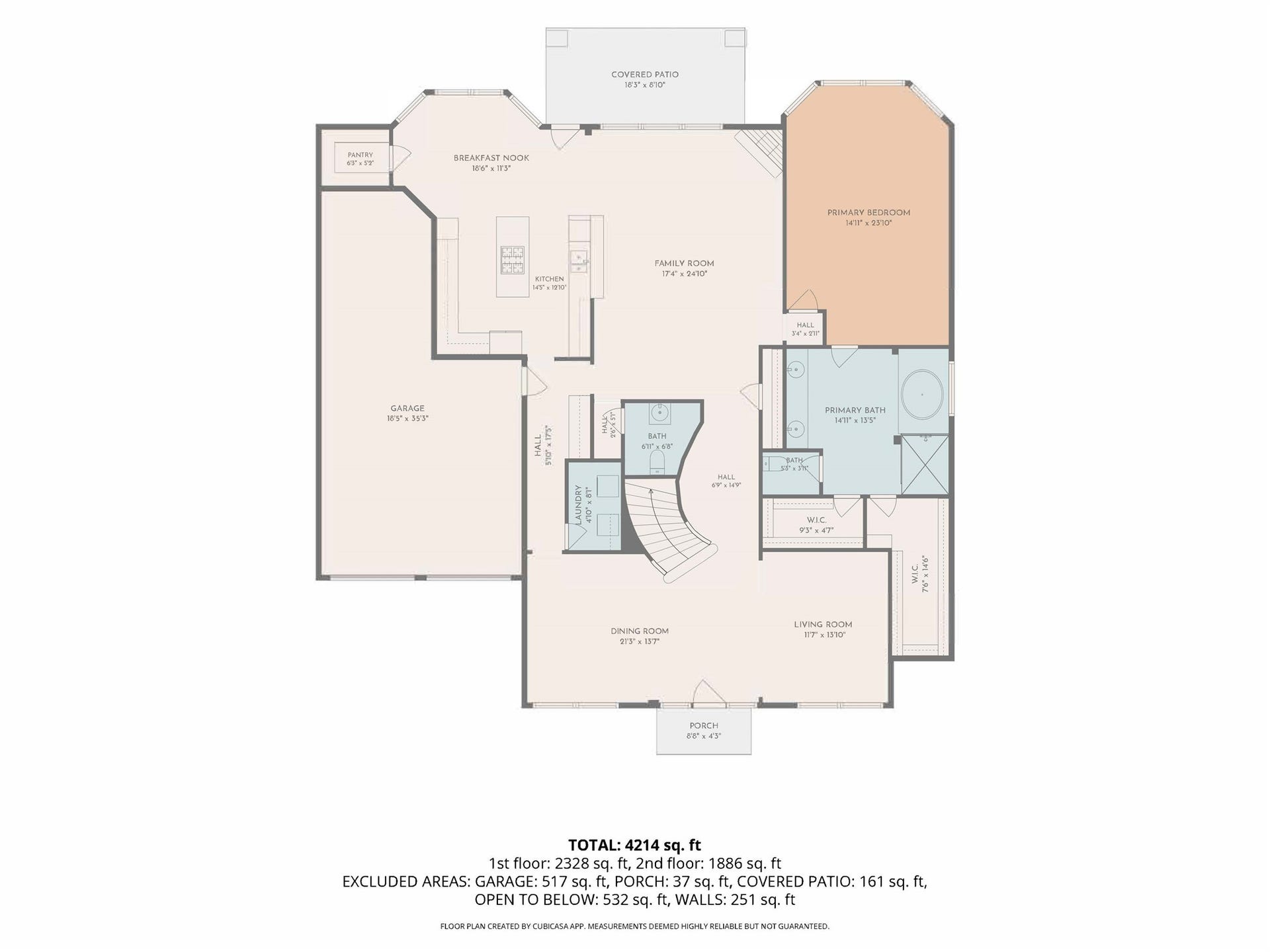 26306 Eden Point Court, Katy, TX 77494 First-floor floor plan showing the primary suite, living room, dining room, family room, kitchen, breakfast nook, pantry, utility room, garage, and covered patio layout.