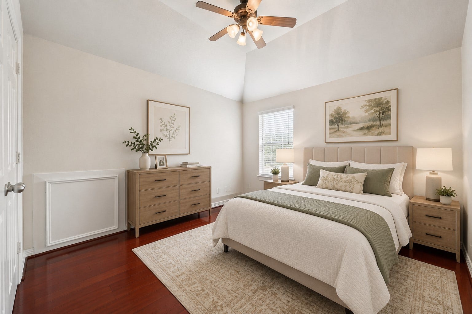 26306 Eden Point Court, Katy, TX 77494 Secondary bedroom with hardwood flooring, a vaulted ceiling, ceiling fan, and a window providing natural light.