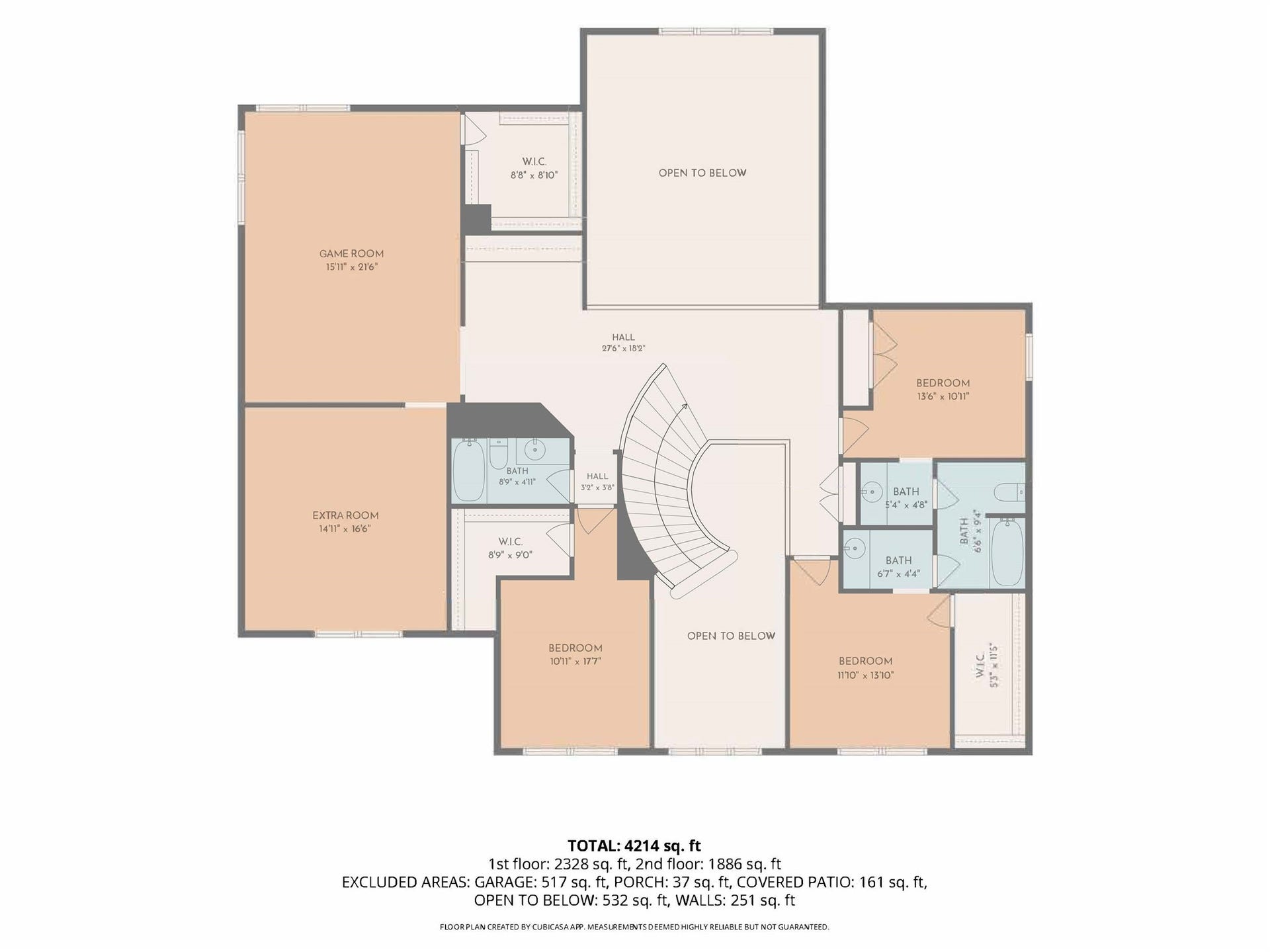 26306 Eden Point Court, Katy, TX 77494 Second-floor floor plan showing the game room, extra room, secondary bedrooms, bathrooms, walk-in closets, upstairs hall, and open-to-below areas.