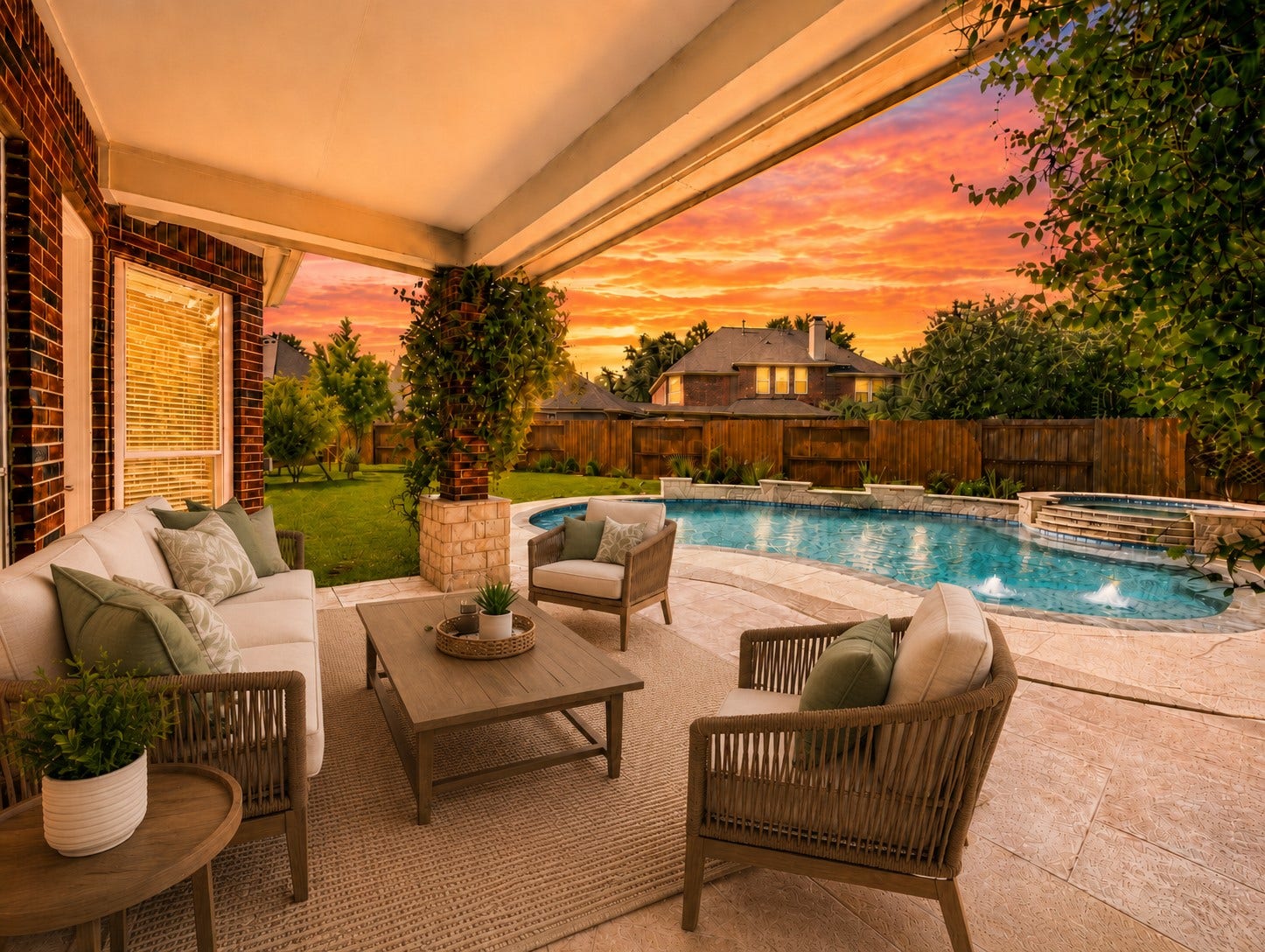26306 Eden Point Court, Katy, TX 77494 Covered patio with tiled flooring and open views of the pool, spa, and landscaped backyard.