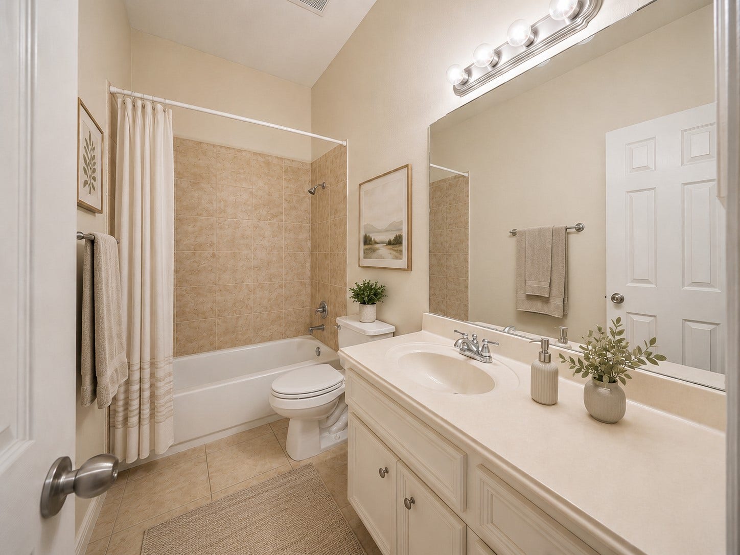 26306 Eden Point Court, Katy, TX 77494 Secondary bathroom with a tub-and-shower combination, tiled surround, vanity with cabinet storage, and tile flooring.