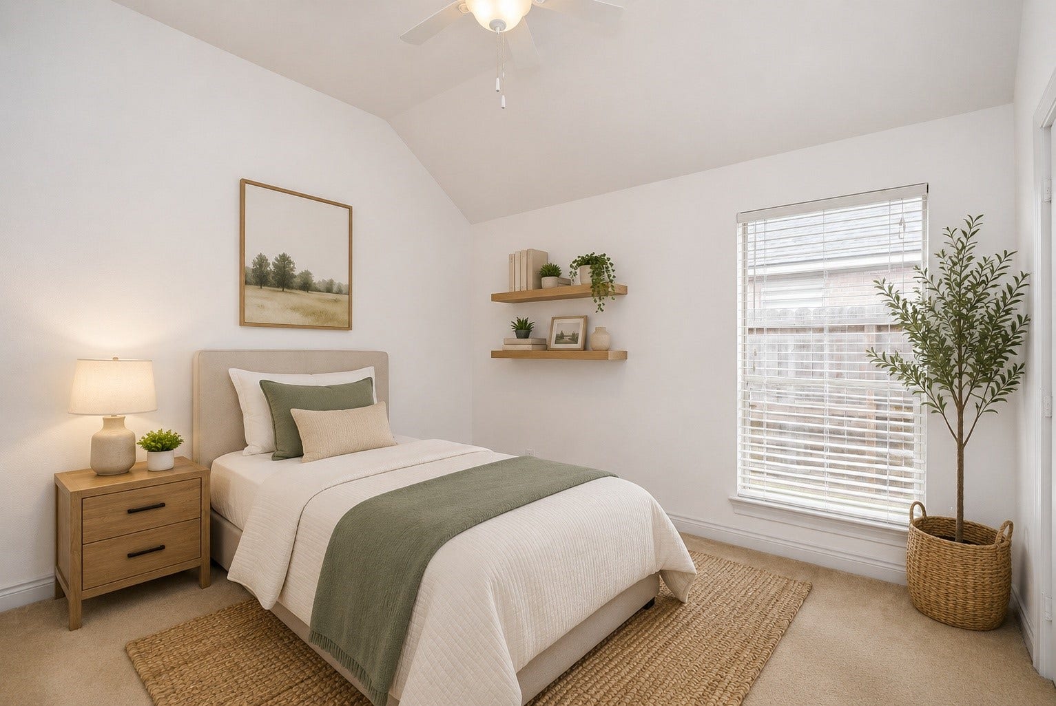 A bright and versatile secondary bedroom featuring vaulted ceilings, abundant natural light, and a spacious closet. Beautifully staged with a twin bed, this room is ideal as a child's bedroom, guest suite, or comfortable home office. Its neutral palette provides a blank canvas to suit any dcor style while creating a warm and inviting atmosphere. Virtually Staged.