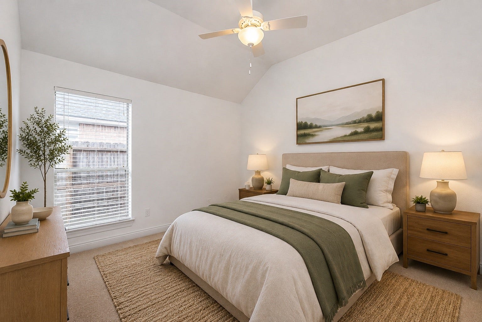 Bedroom 1 of 4 offers a bright and inviting retreat with vaulted ceilings, soft natural light, and generous proportions. Its versatile layout makes it ideal as a guest bedroom, children's room, or comfortable home office. Virtually Staged.