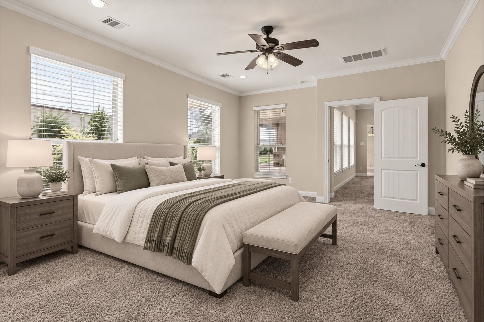 Spacious and inviting bedroom featuring a comfortable bed, plush carpeting, and abundant natural light from multiple windows, complemented by elegant furnishings and a ceiling fan for added comfort.