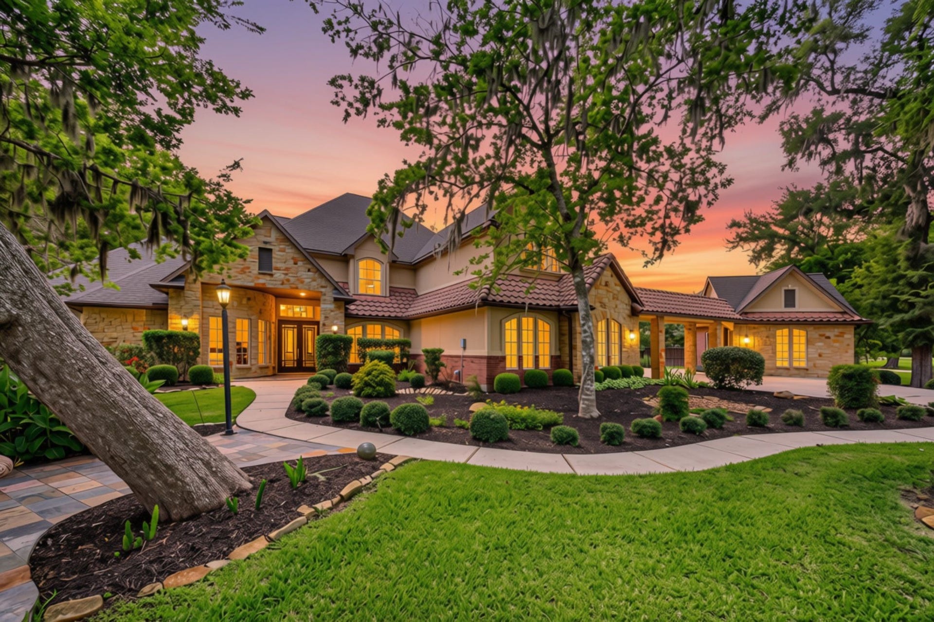 3415 Wellspring Lake Drive, Fulshear, TX 77441 Welcome to 3415 Wellspring Lake Dr., an exceptional 1-Acre Estate nestled beneath a canopy of mature trees behind the 24-hour manned Gates of the prestigious Golf community of Weston Lakes. This incredible home showcases stunning curb appeal with a striking gabled roofline, tile and composition roof, and a beautiful blend of stone, stucco, and brick exterior. A charming sidewalk winds through the professionally landscaped grounds, leading to the inviting covered front entrance.