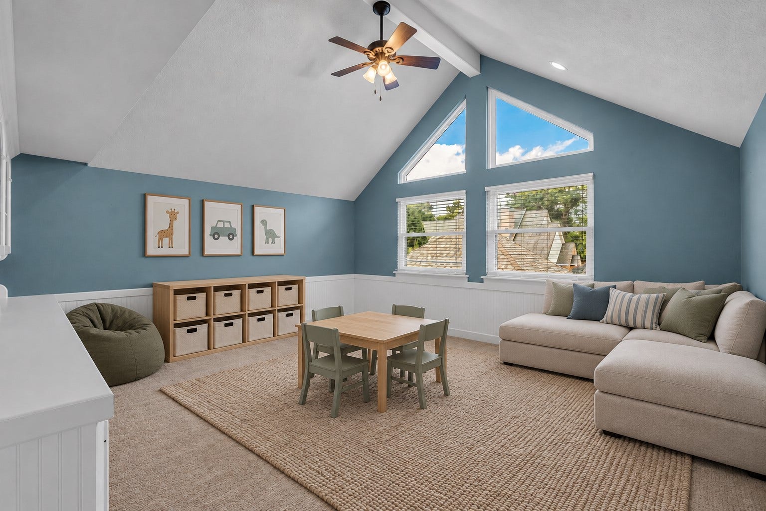 5907 Rocky Brook Drive, Houston, TX 77345 *VIRTUALLY STAGED* Upstairs game room with vaulted ceiling and built-in shelving.