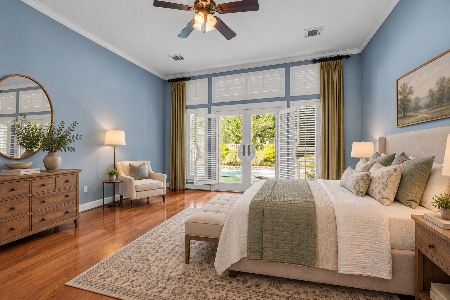 5907 Rocky Brook Drive, Houston, TX 77345 *VIRTUALLY STAGED* Spacious first-floor primary bedroom with hardwood floors, high ceilings, and French doors overlooking the private pool.