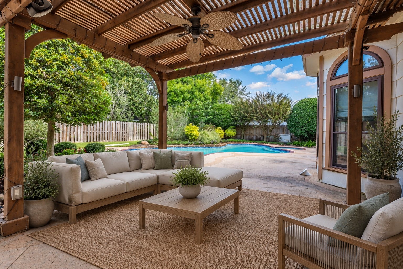 5907 Rocky Brook Drive, Houston, TX 77345 *VIRTUALLY STAGED* Wood pergola with ceiling fan and string lighting overlooking the pool.