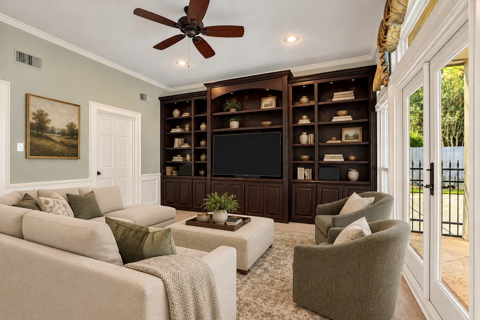 5907 Rocky Brook Drive, Houston, TX 77345 *VIRTUALLY STAGED* Separate den with entertainment center and access to the pool area.