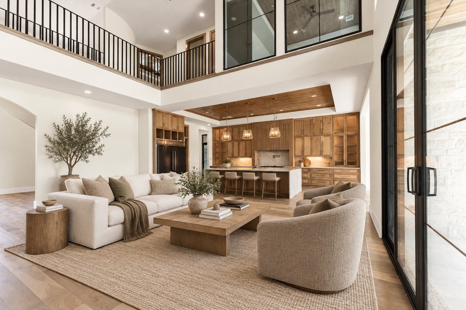 23701 Birch Grove Road, Montgomery, TX 77316 Stunning open-concept living area with high ceilings, a spacious kitchen, and chic modern furnishings, seamlessly blending comfort and style.