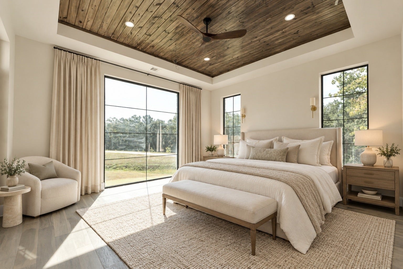 23701 Birch Grove Road, Montgomery, TX 77316 Experience serene luxury in this beautifully staged bedroom, featuring a stunning wooden ceiling, expansive windows with lush views, and a cozy, elegant design that invites relaxation.
