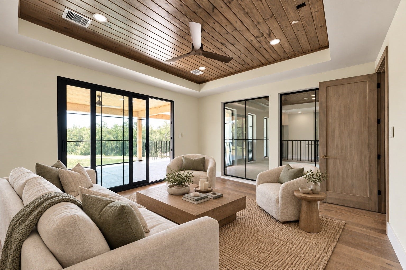 23701 Birch Grove Road, Montgomery, TX 77316 Experience relaxation in this beautifully staged media room, featuring elegant wooden ceilings, abundant natural light, and seamless indoor-outdoor flow through expansive glass doors.