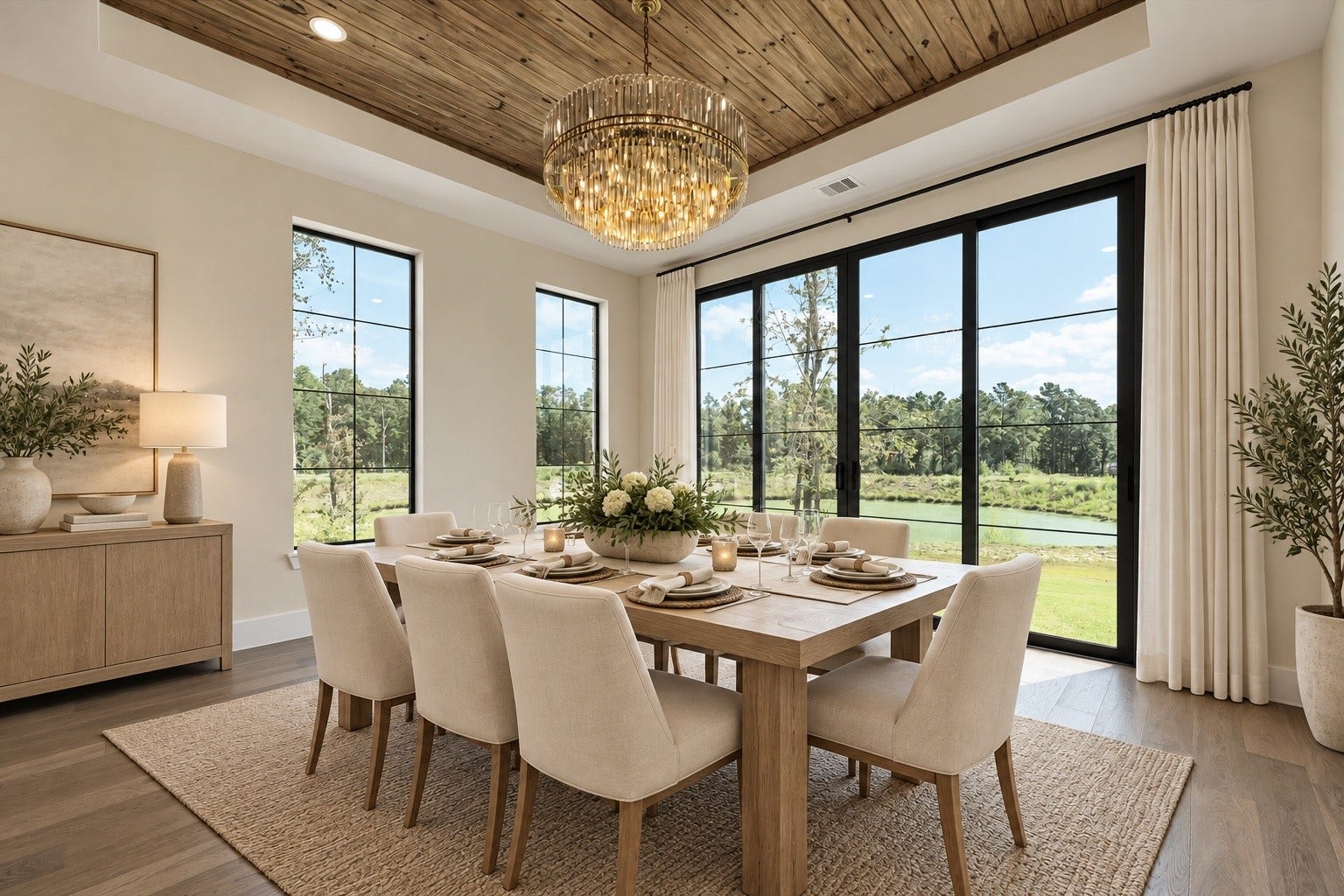 23701 Birch Grove Road, Montgomery, TX 77316 Experience elegant dining with a stunning view, highlighted by a chic chandelier and warm wood accents, all beautifully virtually staged for inspiration.