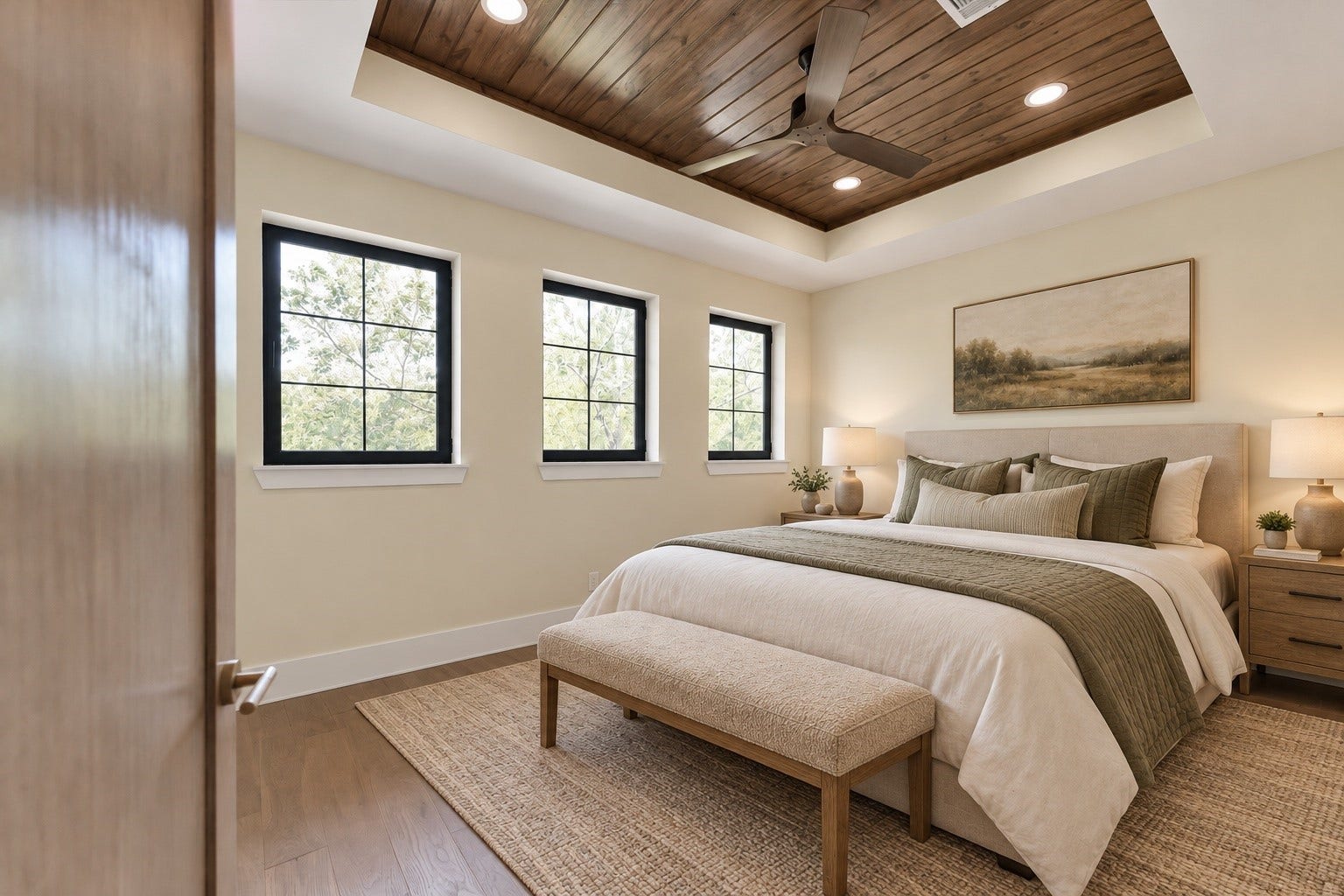 23701 Birch Grove Road, Montgomery, TX 77316 Discover a bright secondary bedroom featuring elegant wood flooring, a stunning tray ceiling with recessed lighting, and ample natural light from three chic windows.Virtually staged.