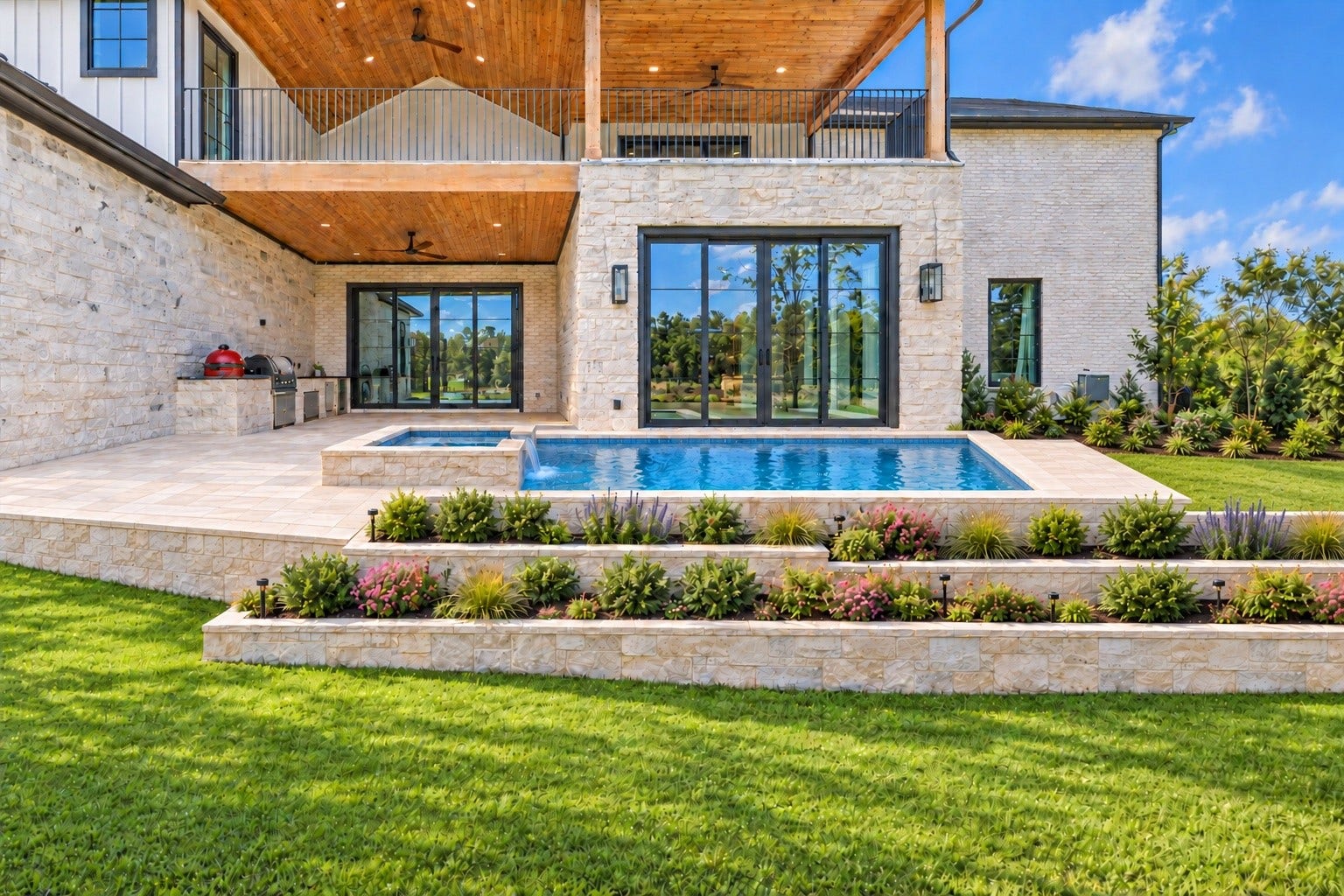 23701 Birch Grove Road, Montgomery, TX 77316 Experience luxury living with a stunning swimming pool framed by elegant stonework and lush landscaping, seamlessly blending indoor and outdoor spaces for the ultimate retreat.