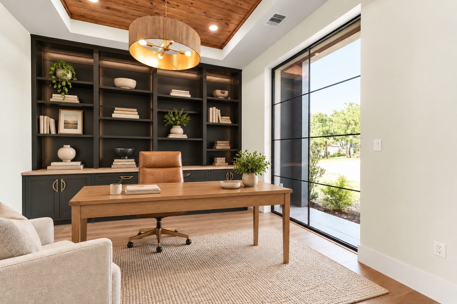 23701 Birch Grove Road, Montgomery, TX 77316 Elevate your productivity in this virtually staged study, featuring elegant built-in shelving, warm wood accents, and expansive windows that flood the space with natural light.