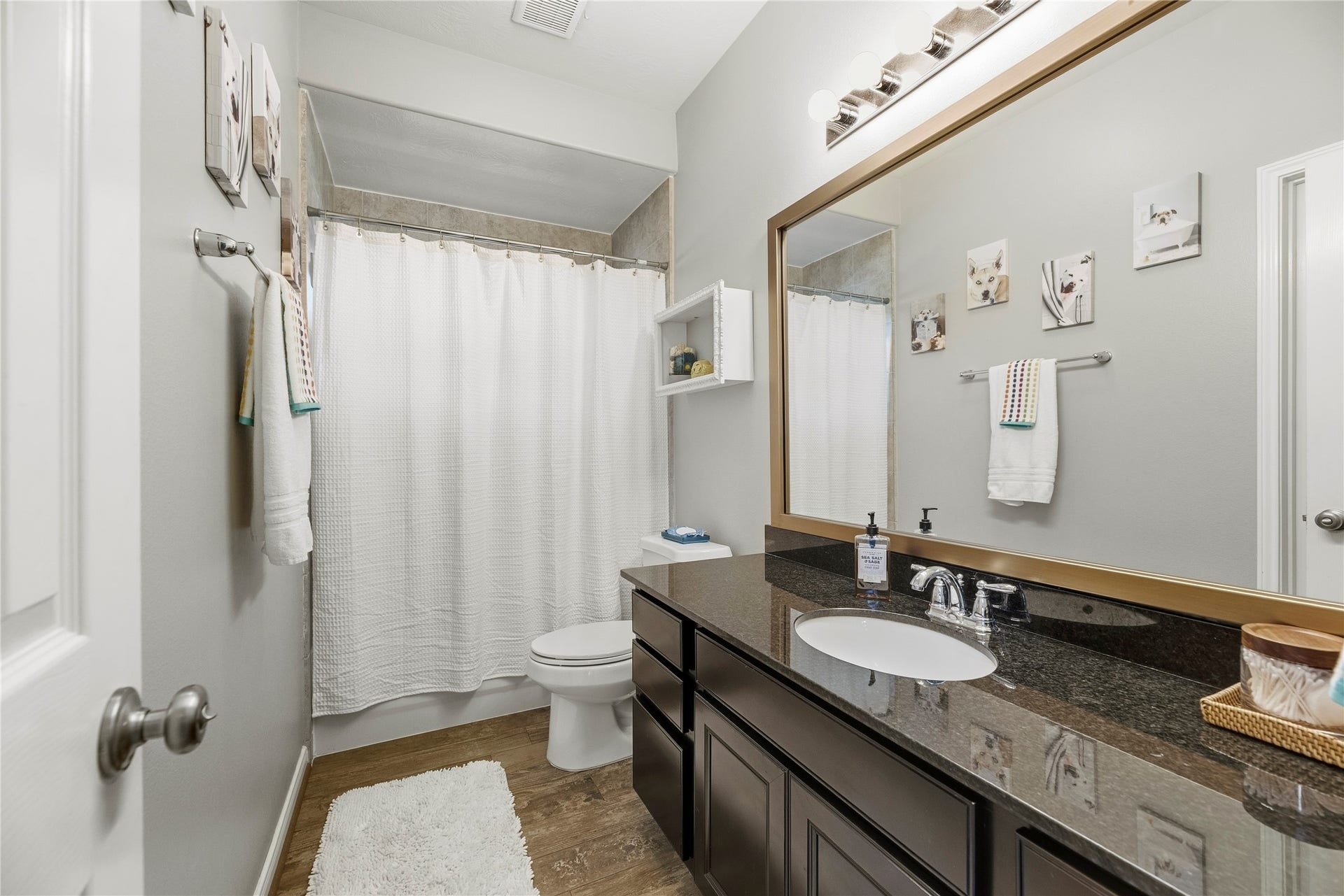 26819 Rockwood Park Lane, Cypress, TX 77433 Full downstairs bathroom with a large vanity and tub/shower combination.