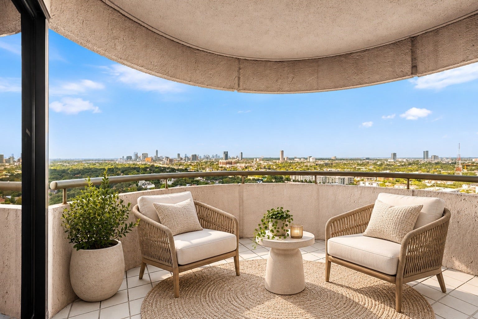 **Virtually Staged** Balcony #1 extends the penthouse living experience outdoors. The covered setting provides a sheltered vantage point for enjoying Houston's changing light and skyline.