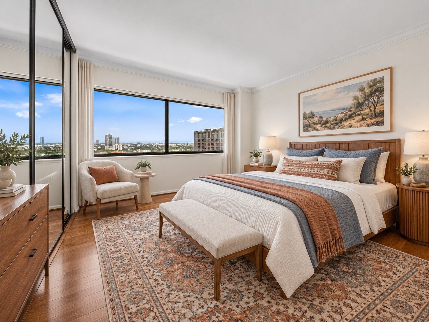 **Virtually Staged**  Secondary bedroom #2 Expansive windows bring abundant daylight and panoramic views into the bedroom. The room's impressive scale allows for multiple functional zones while retaining an open feeling.