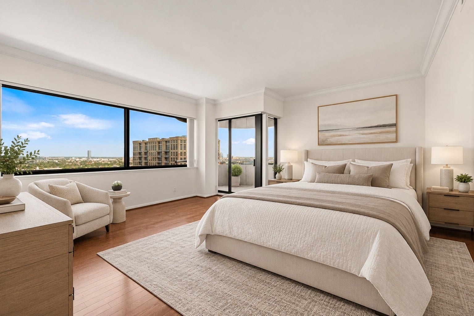 **Virtually Staged* Primary Bedroom with private balcony offers exceptional proportions, hardwood flooring, and elevated urban views. Its flexible arrangement can comfortably accommodate sleeping, work, and sitting areas.