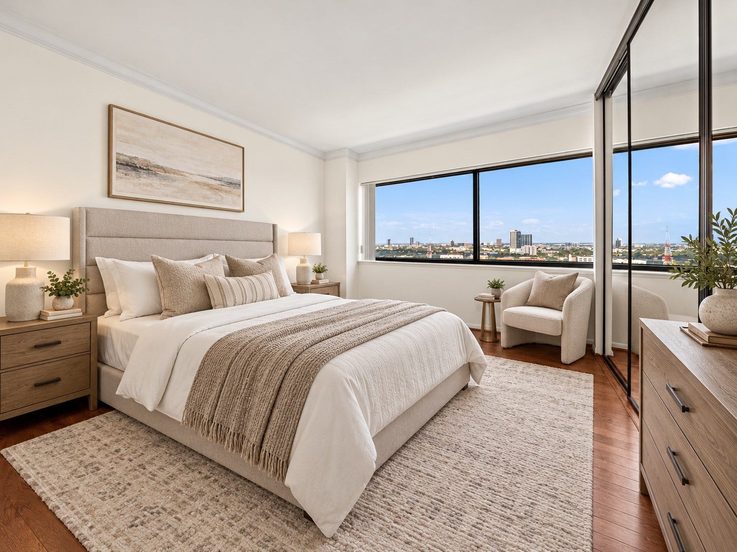 **Virtually Staged** Secondary bedroom #1 features hardwood flooring and a wide window overlooking the city. Neutral walls and generous dimensions provide a versatile foundation for a private retreat or home office.