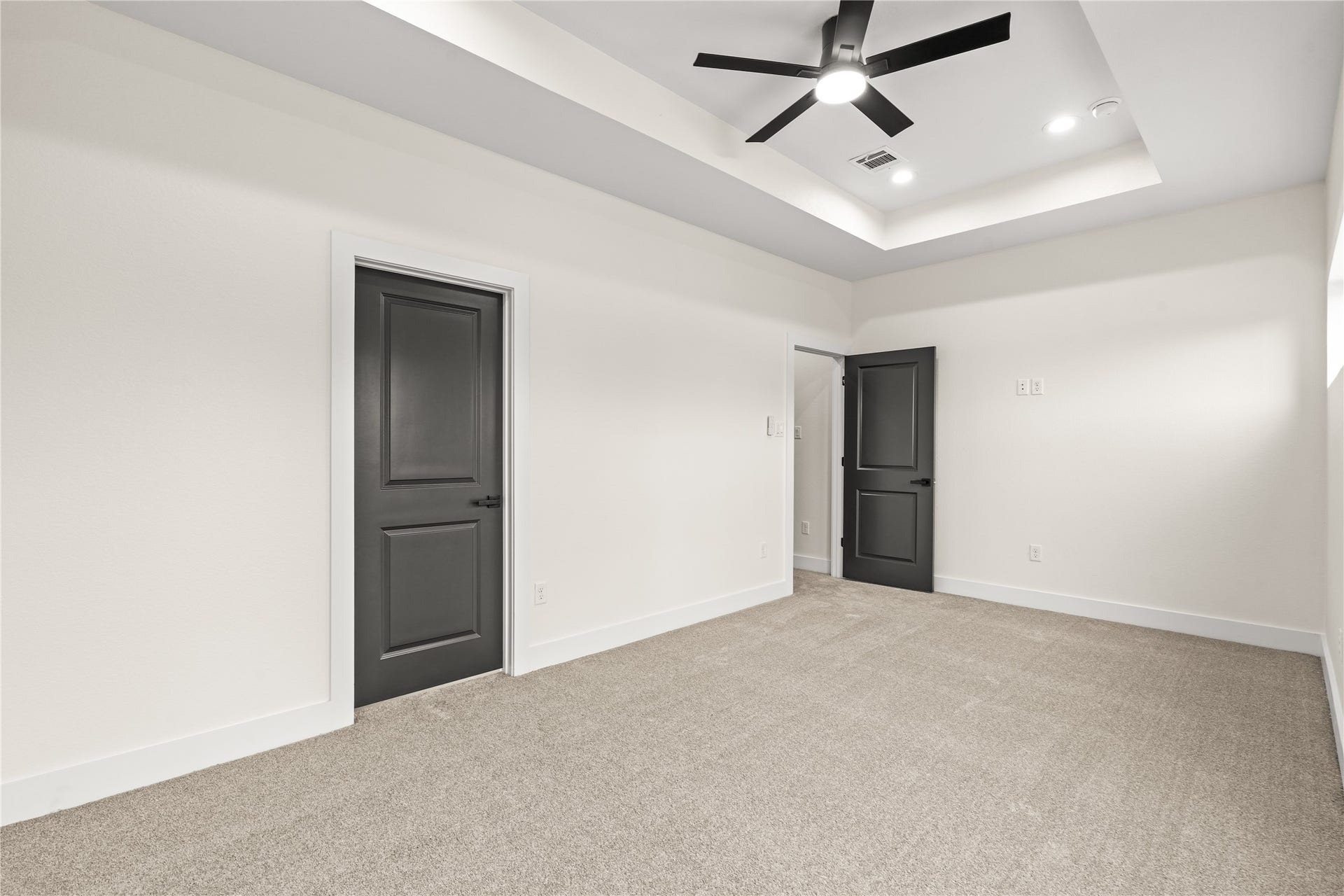 4521 Newberry Street, Houston, TX 77051 Primary suite sanctuary high architectural tray ceiling, recessed lighting accent, plush carpet, and charcoal entry doors.