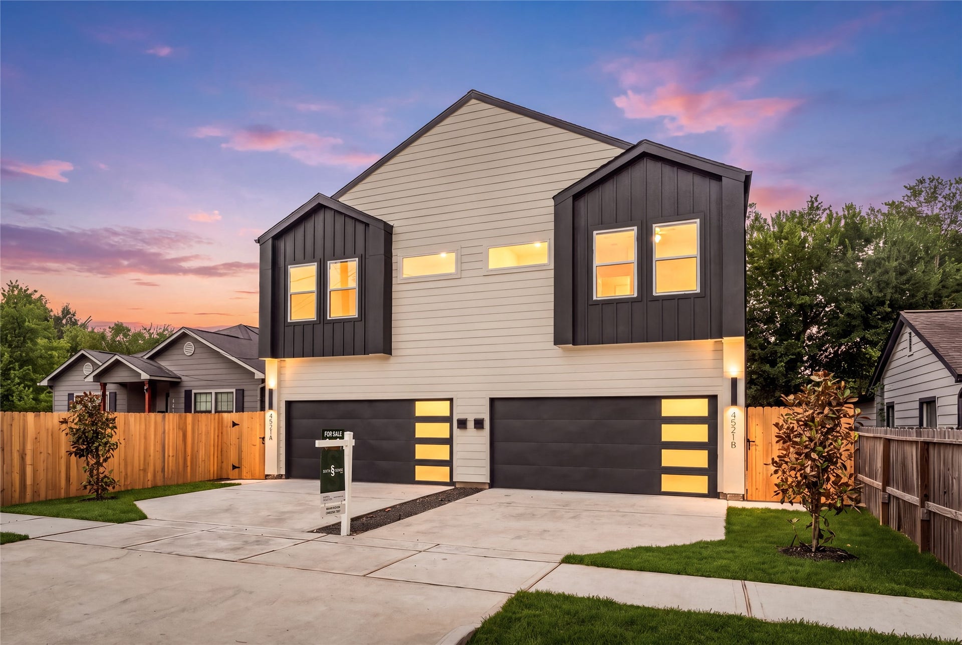4521 Newberry Street, Houston, TX 77051 Striking sunset curb appeal crisp contemporary lines, expansive concrete driveway with extra parking, and fresh front lawn sod.