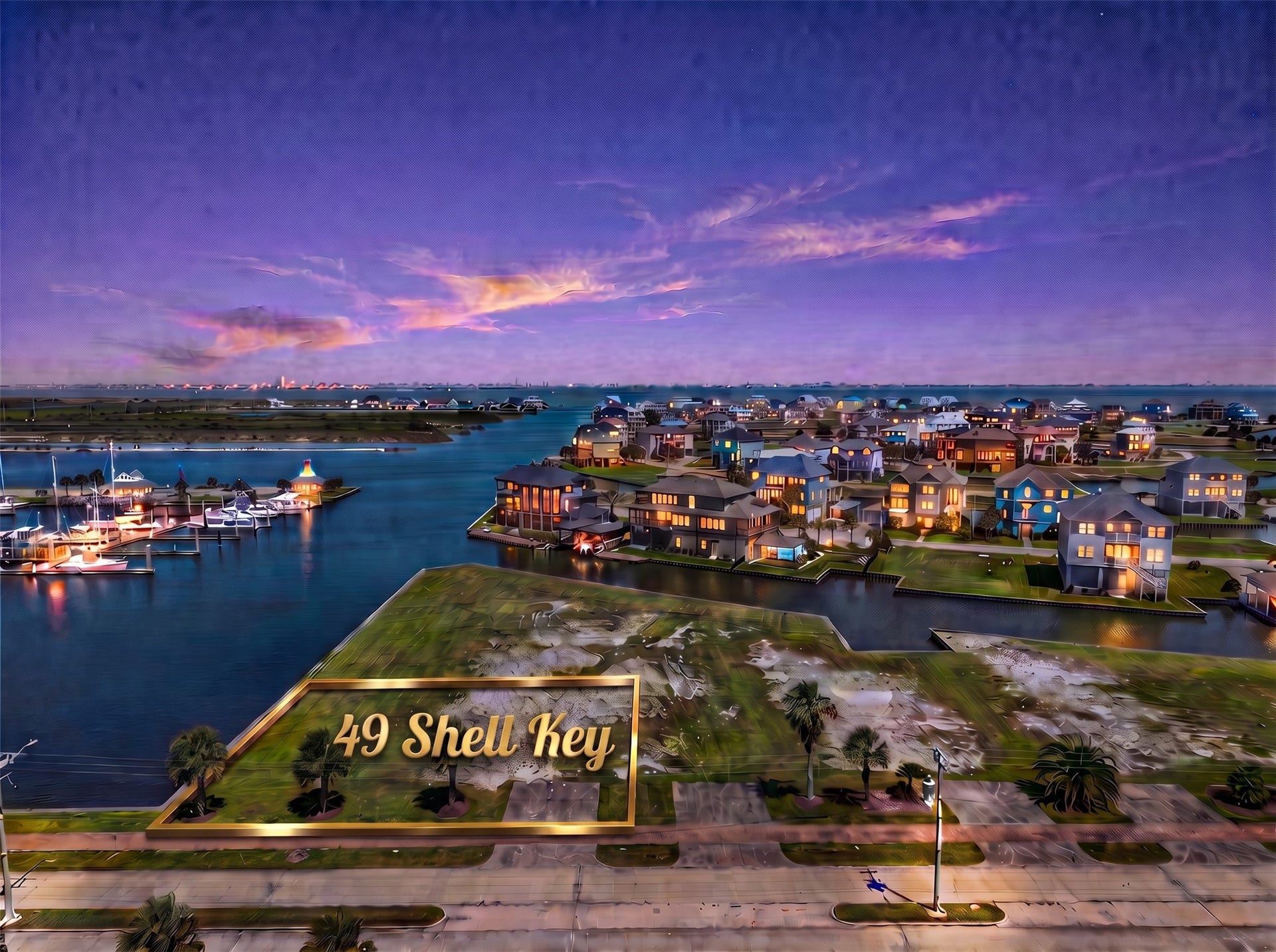 49 Shell Key, Hitchcock, TX 77563 49 Shell Key is situated just 600 yards from the Intracoastal Waterway in the Harborwalk community. It is the only corner lot with direct views of the main channel, wetlands, and marina, as well as evening views of Moody Gardens lights.