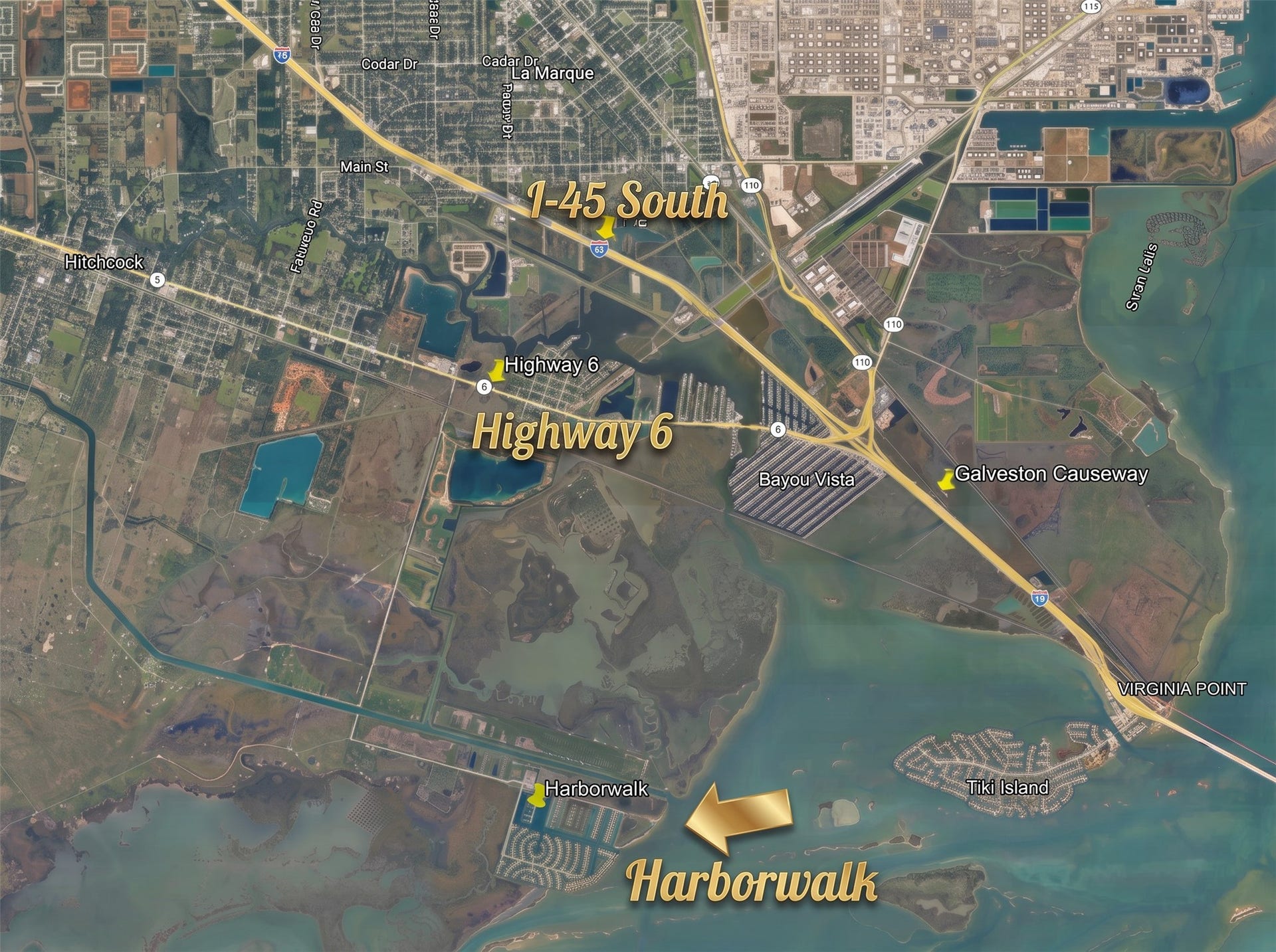 49 Shell Key, Hitchcock, TX 77563 Harborwalk's Highway 6 location offers the ideal balance of seclusion and convenience, allowing owners the ability to bypass the I-45 corridor traffic yet remain within a short drive of every Galveston marquee destination.