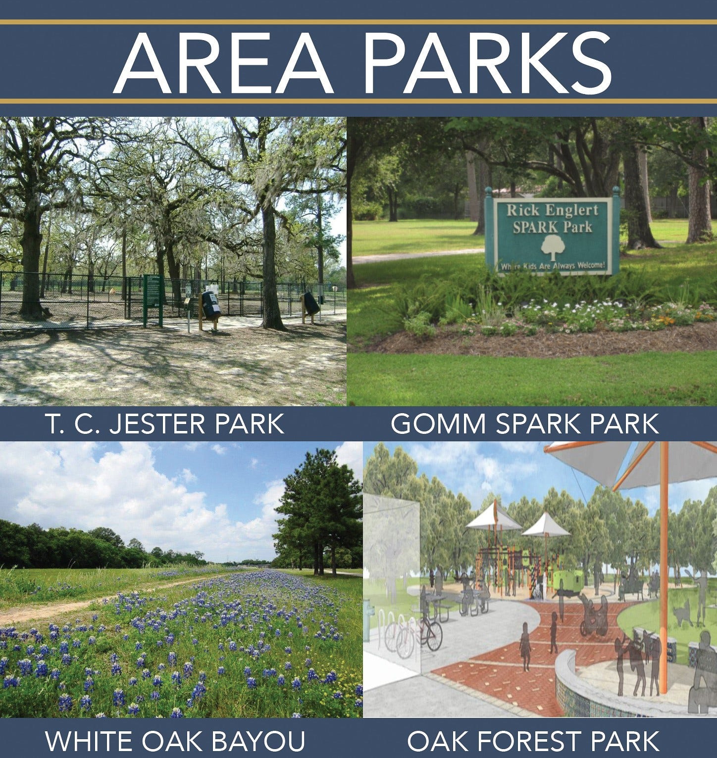 1343 Del Norte Street, Houston, TX 77018 There are also loads of parks in the area to choose from. TC Jester Park has baseball fields, hiking and biking trails, dog parks, a community pool, and disk golf. The new Oak Forest park has a "Playground for all Abilities," as well as a community pool and basketball courts.