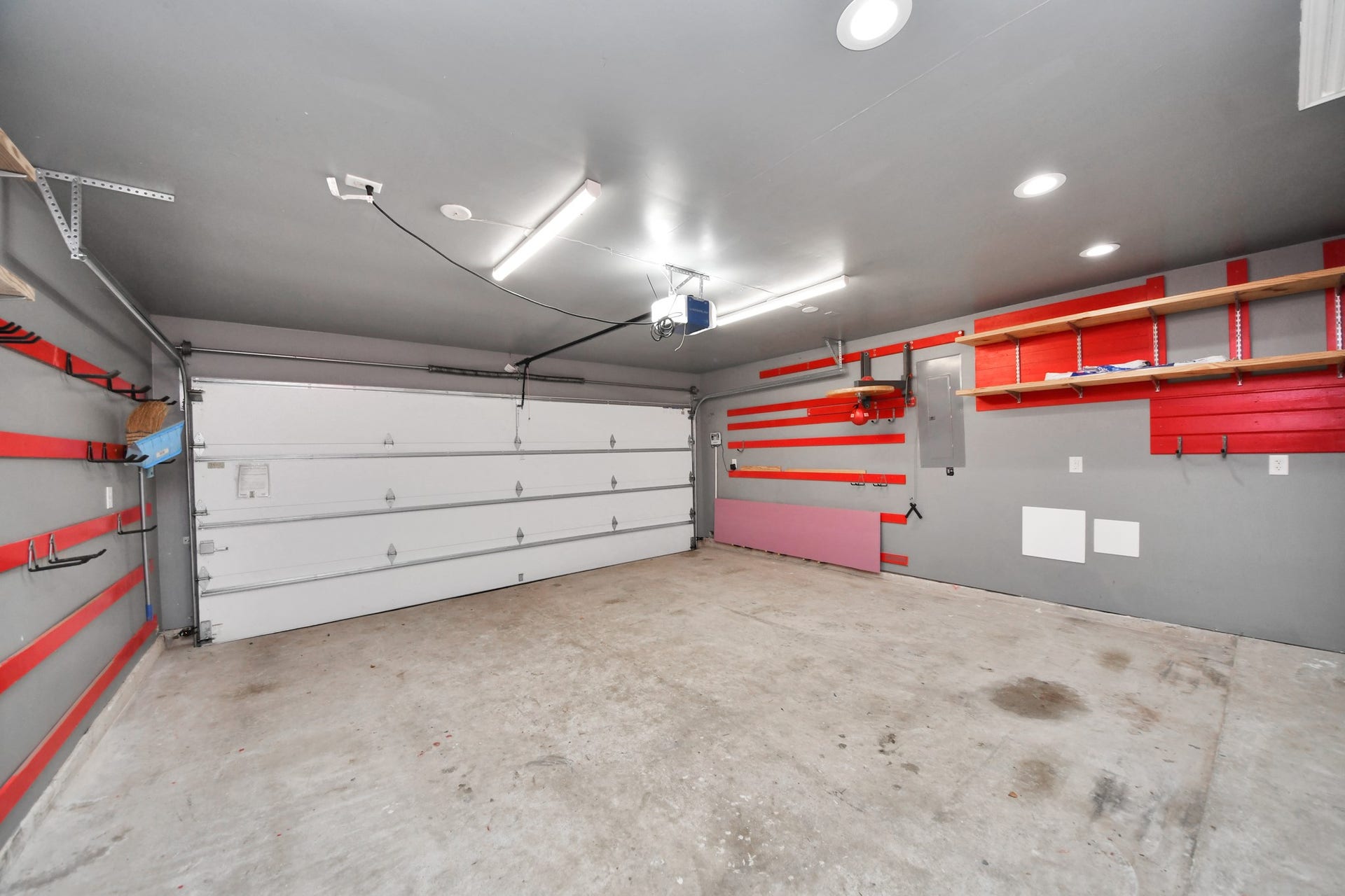 Finished two car garage with lots of shelving space