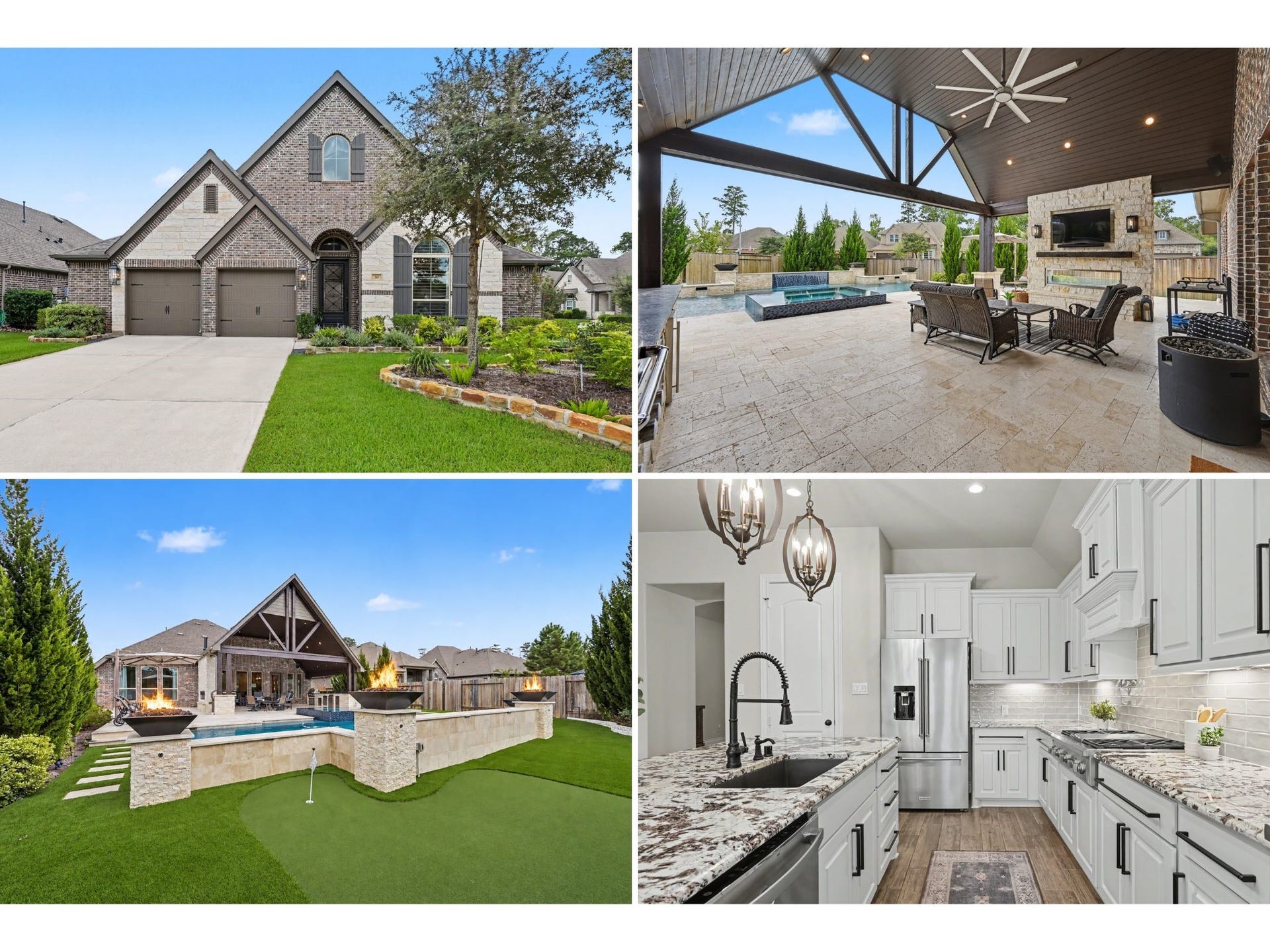 343 Torrey Bloom Loop, Conroe, TX 77304 Beautiful one-story Perry Home featuring striking brick and stone exterior, arched architectural details, plantation shutters, mature landscaping with stone-edged flower beds, welcoming front entry and an oversized 2.5-car garage.