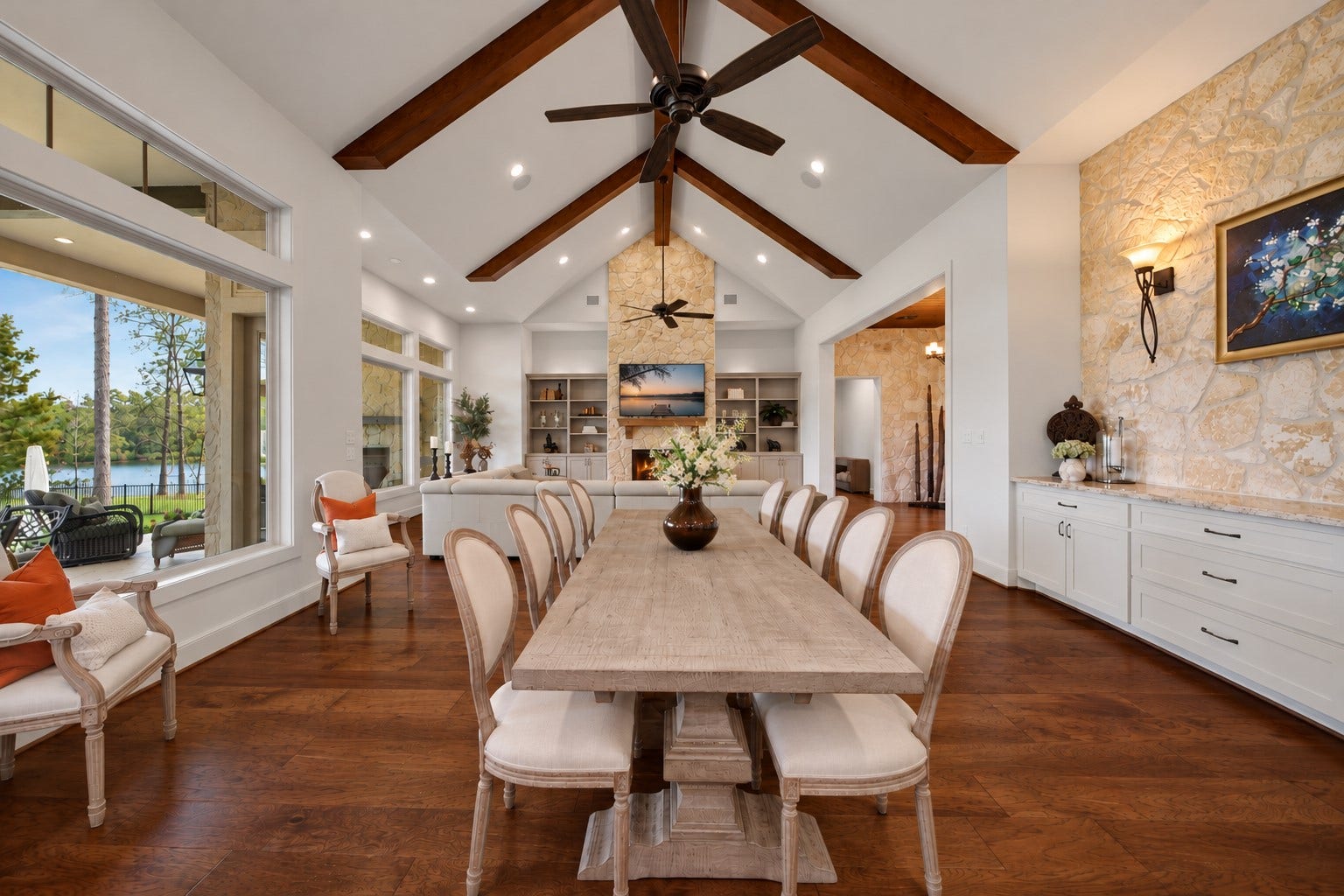 Let dinner run a little longer. The dining area opens to the living room, so the conversation can move from the table to the fireplace without losing its momentum.