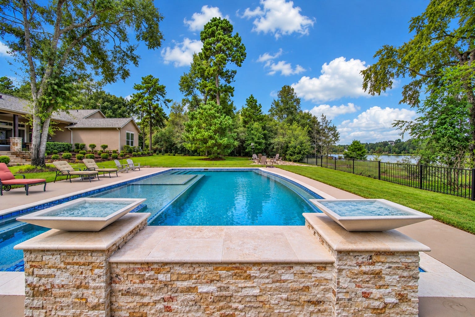 The pool stretches toward a backdrop of lawn, trees and lake. There is room to swim, lounge or simply enjoy the view without planning an outing.